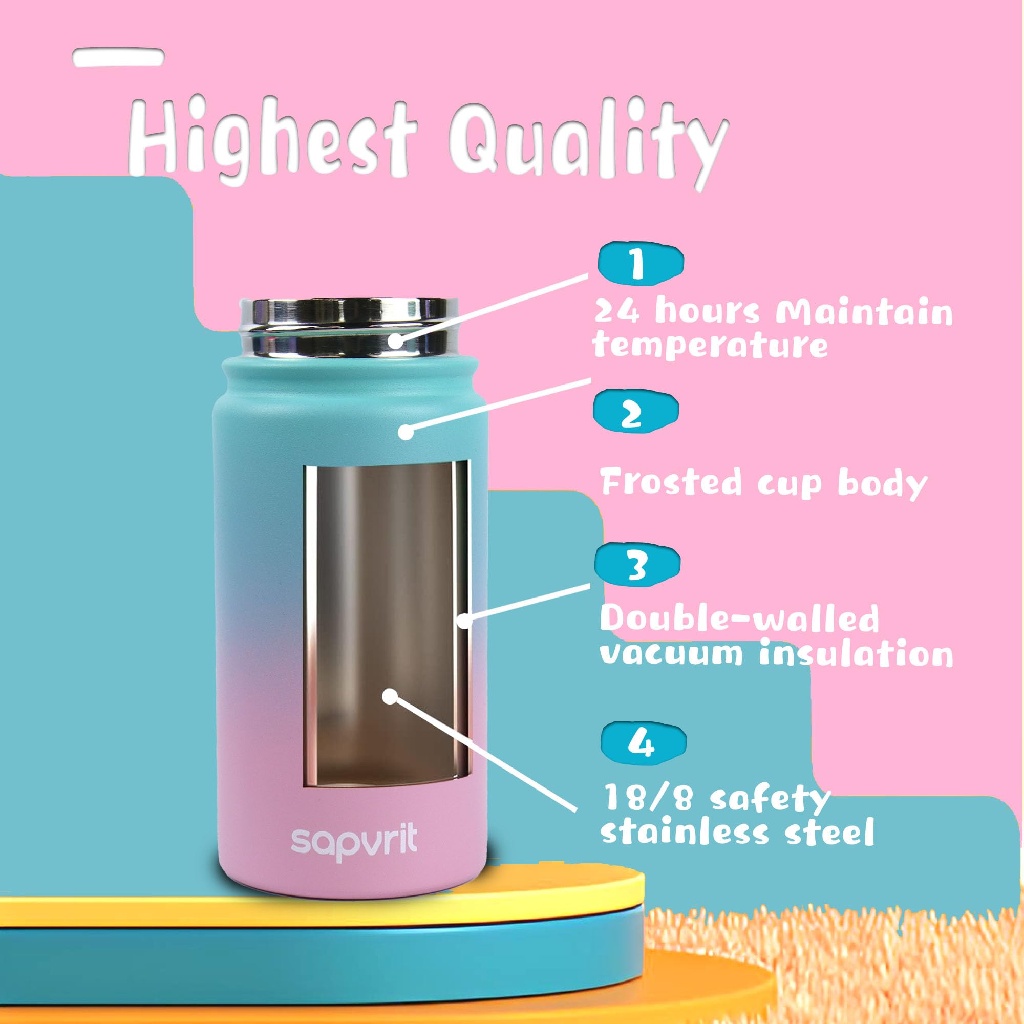 Water Bottle, 12oz Water Bottles with Straw and Stickers, Stainless Steel Vacuum Double Wall Insulated cup,Water Bottle for Scho