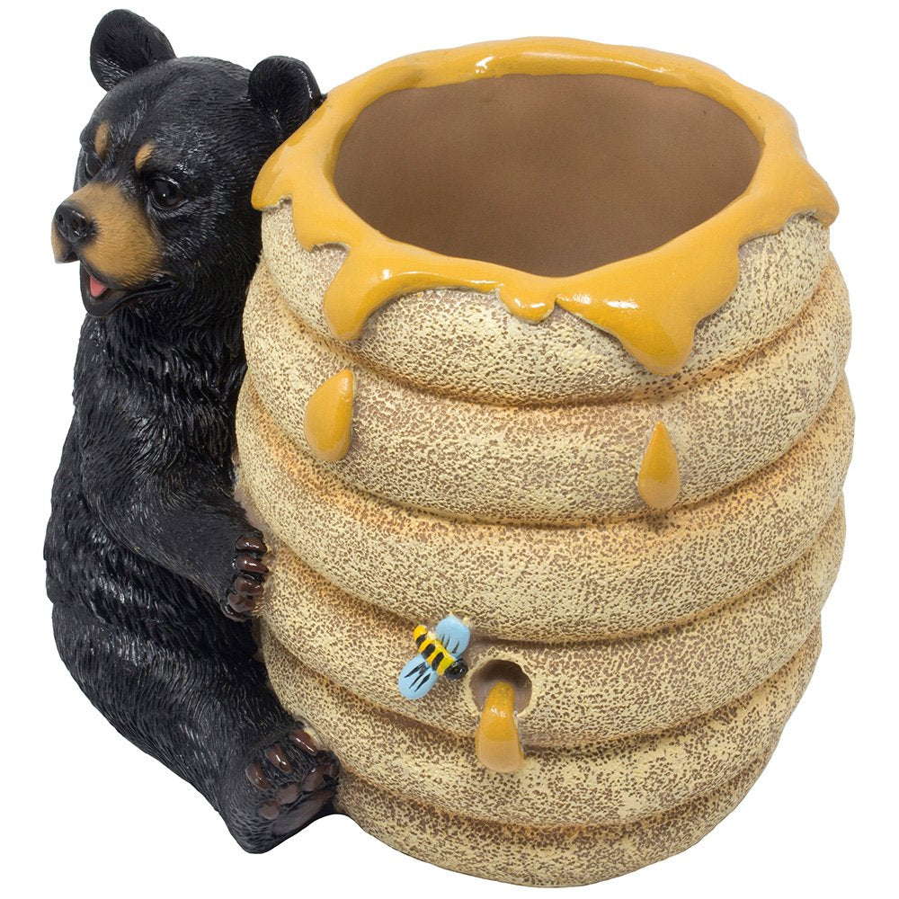 Decorative Black Bear In A Beehive Honey Pot Countertop Utensil Holder Crock Display Stand Table Statue For Cabin Or Rustic Lodg