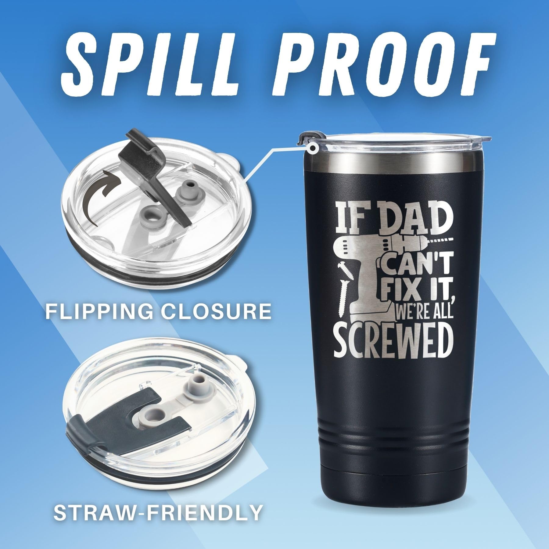 Dad Gifts Travel Coffee Mug Tumbler 590ml/20oz  Father Birthday Gifts from Daughter/Son for Daddy on Father's Day  Christmas  Stainless Steel Insulated - If Dad Can't Fix it  We're All Screwed