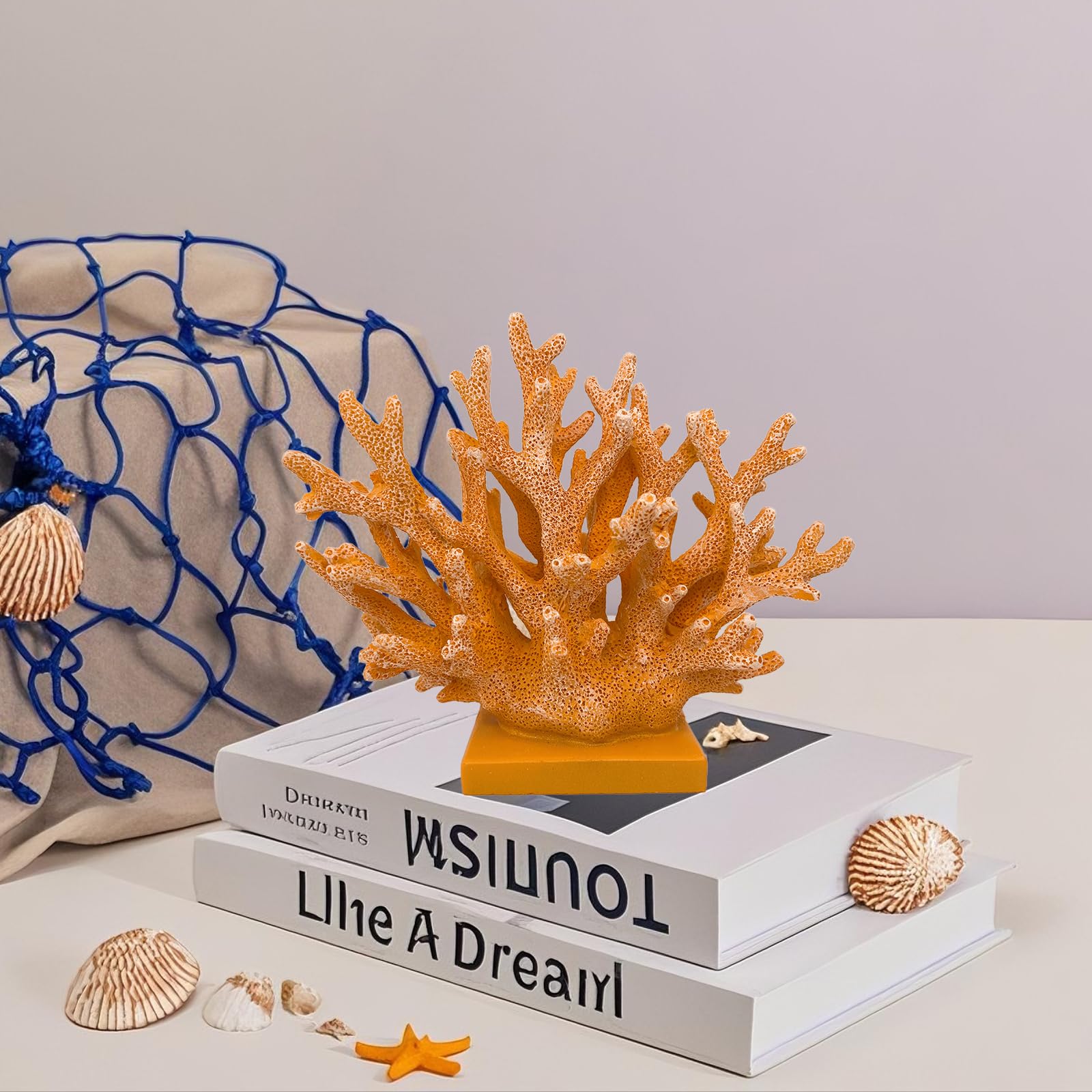 Elegondrar 5.8 H Orange Coral Decor - Resin Coral Statue, Nautical Decor for Home, Bedroom, Bathroom, Living Room, Ocean Themed