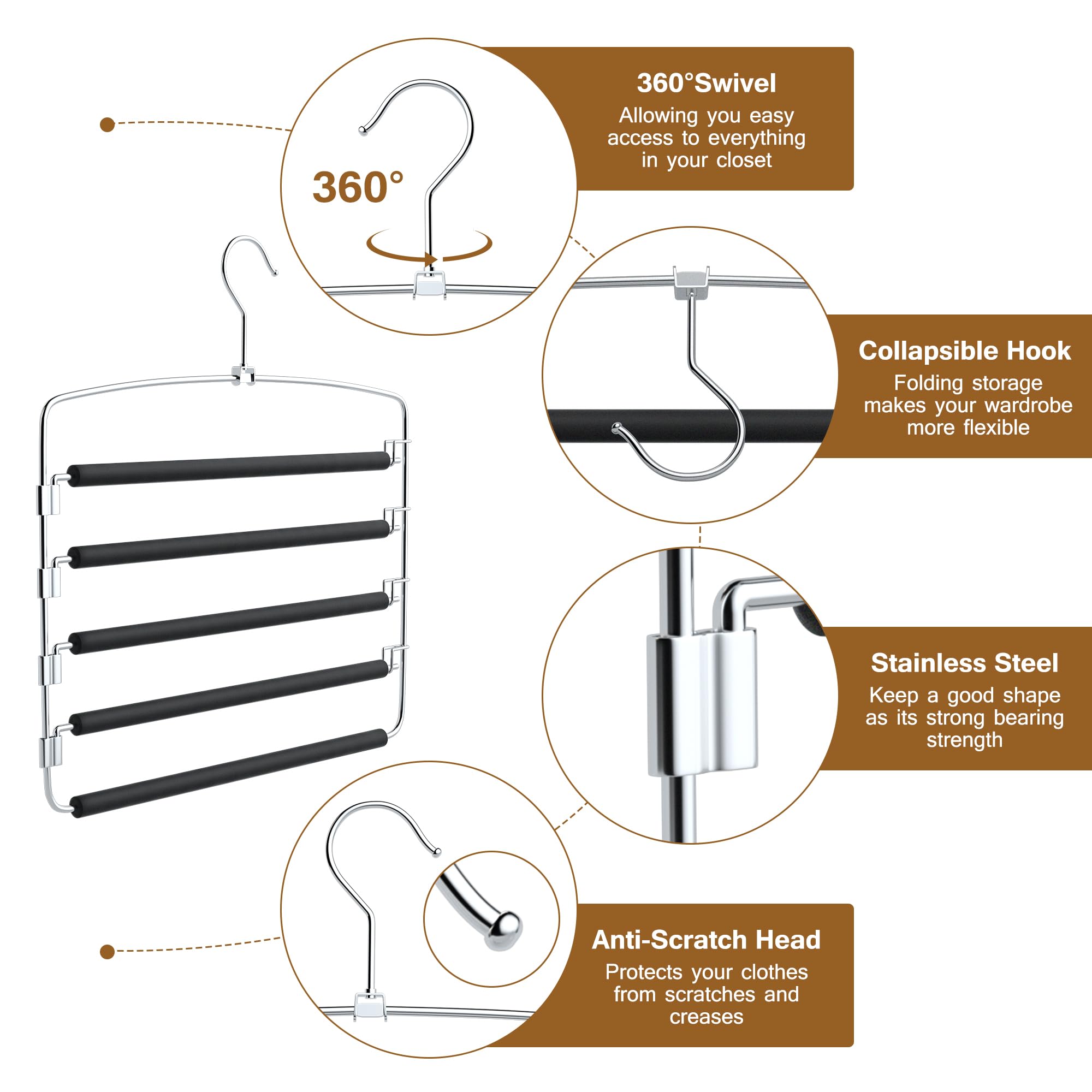 Cycleacc Pants Hangers, 6 Pack Anti-Slip Space Saving Hangers, 5 Layer Swing Arm Pants Hanger Stainless Steel With Non-Slip Padd