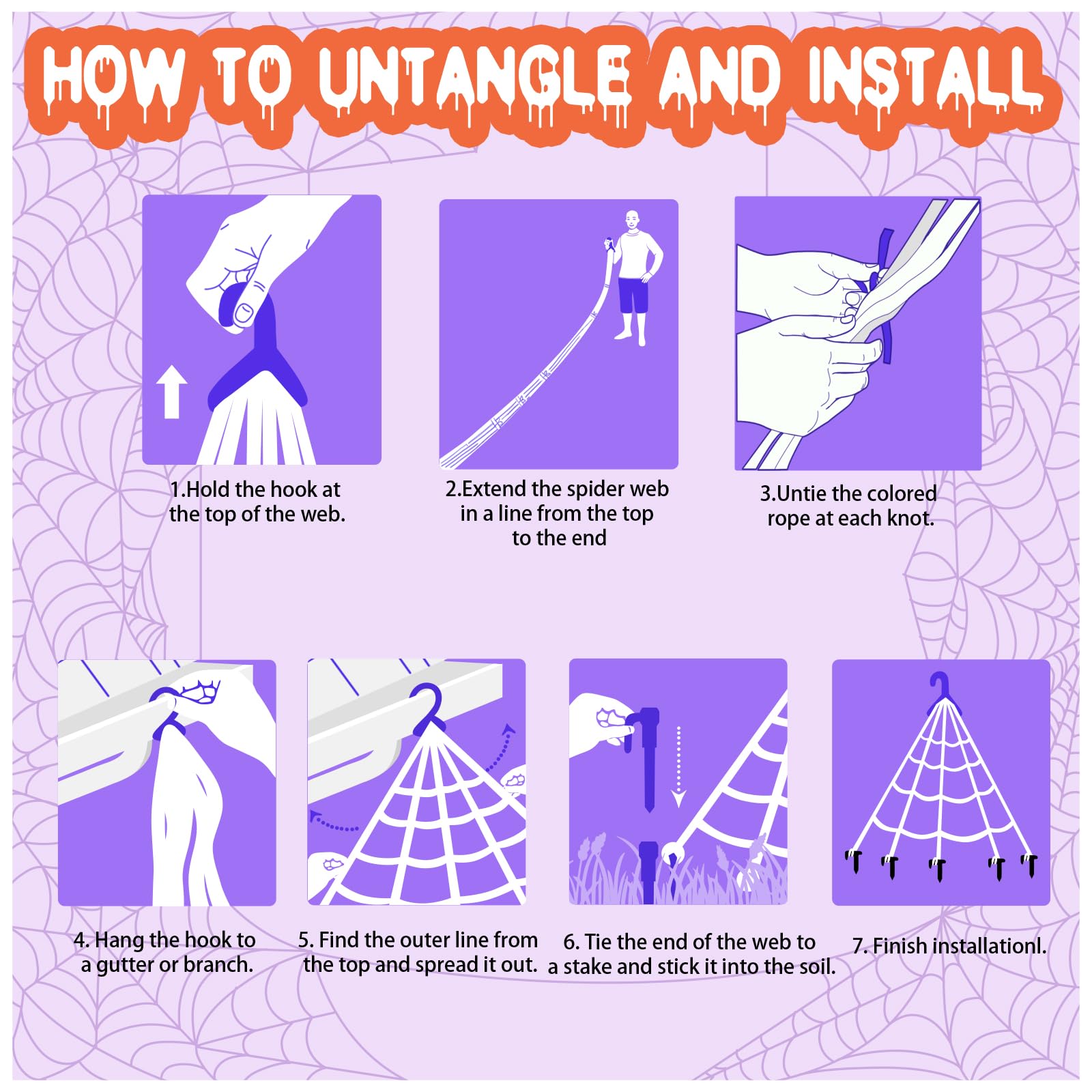 Spider Web Lights Halloween Decoration Outdoor - 250 Purple & Orange LED, 8 Lighting Modes, 16FT Giant Spider Web for Yard, Outs