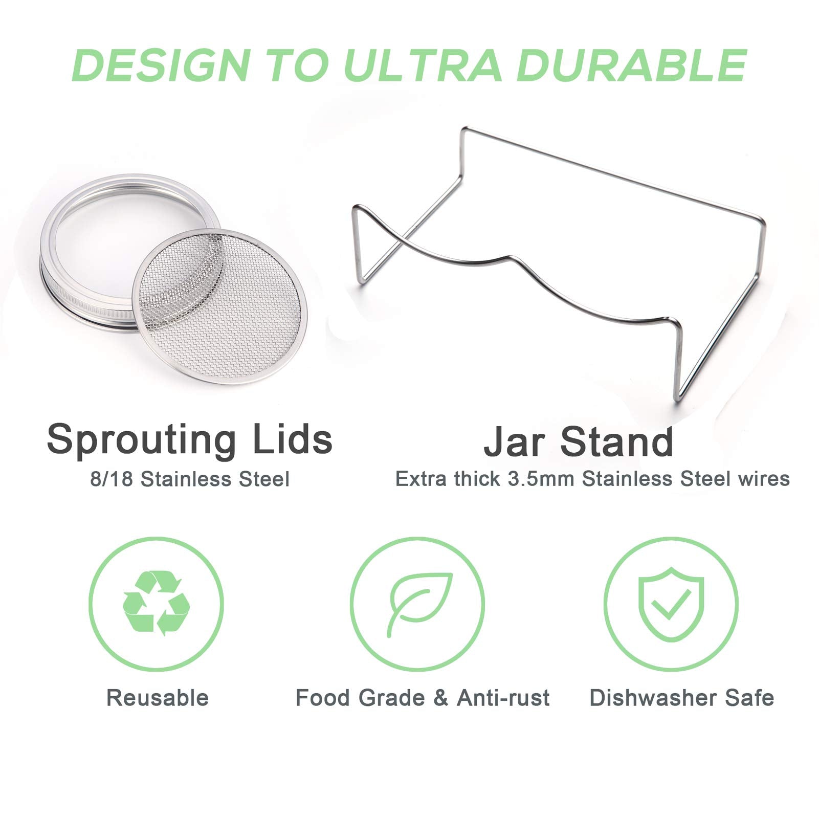 Sprouting Jar Kit-2 Wide Mouth Quart Mason Jars With 316 Stainless Steel Screen Sprout Lids,Melamine Tray,Stand And Canning Brus