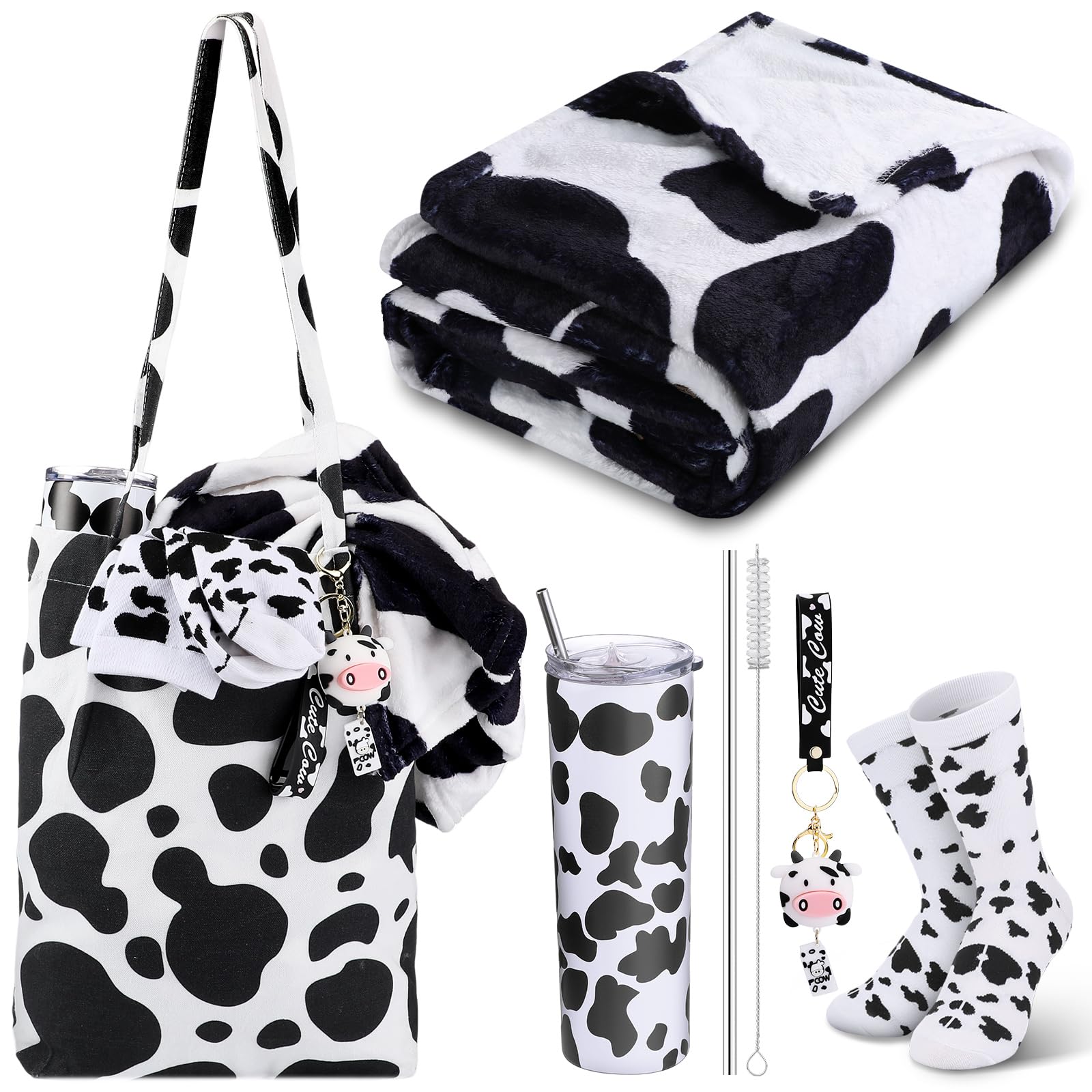 Yaomiao 5 Pcs Cow Gifts Set for Women: 20 oz Cow Pattern Stainless Steel Tumbler with Lid, Straw, Tote Bag, Warm Throw Blanket, 