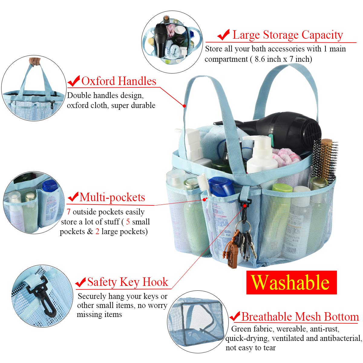 Haundry Mesh Shower Caddy Tote, Large Shower Caddy Bag For College Dorm Room Essentials, Bathroom Organizer With 8 Pockets For B