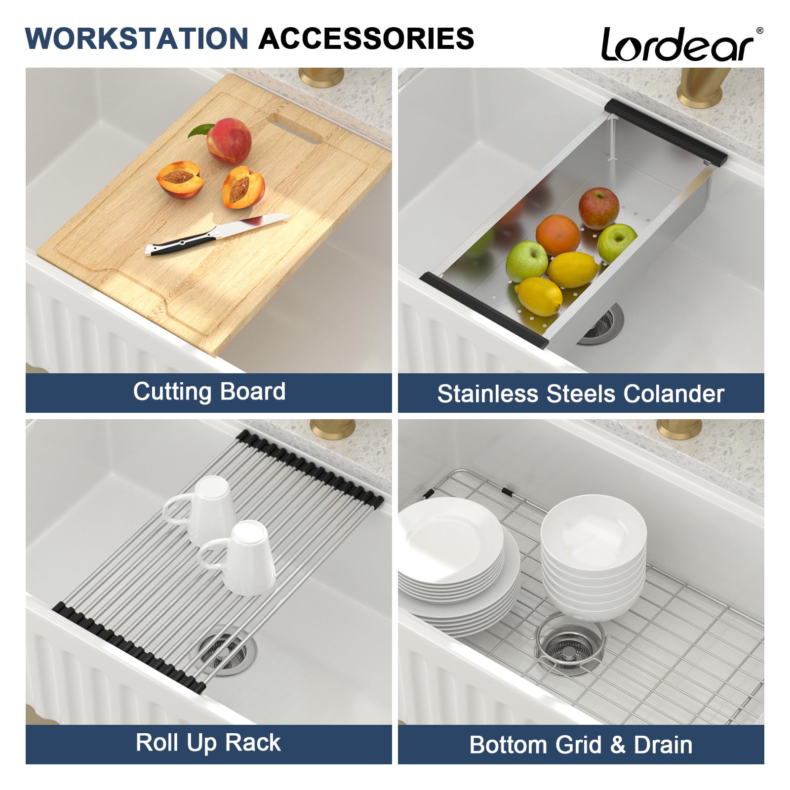 Lordear 33 White Farmhouse Sink Workstation Porcelain Farm Kitchen Sinks White Single Bowl Basin 33X20X10 Inch Large Bowl Sink