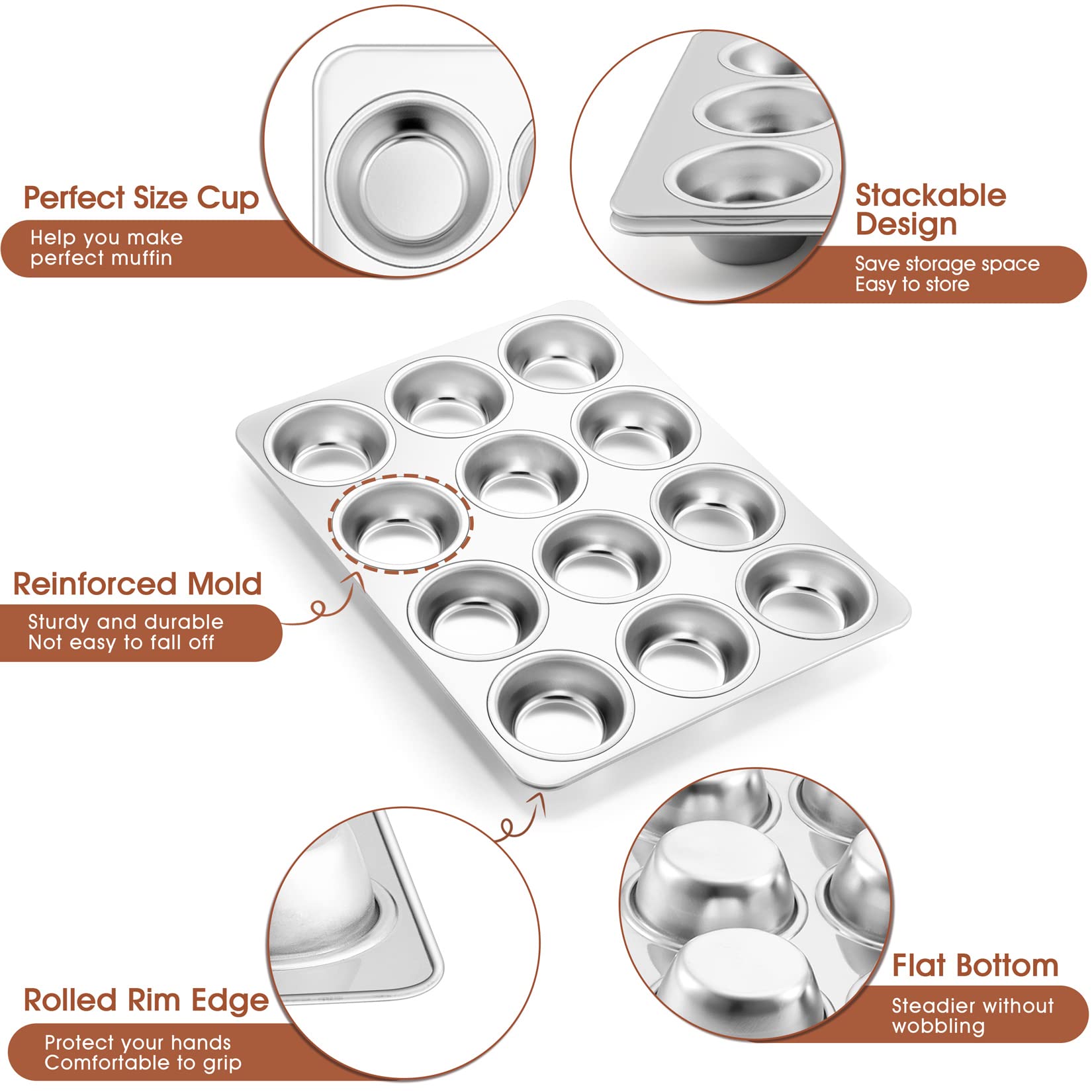 P&P Chef Muffin Pan Cupcake Baking Pan Set Of 2, 12 Cups Muffin Tin Tray, Stainless Steel Muffin Pans For Baking Mini Cake Muffi