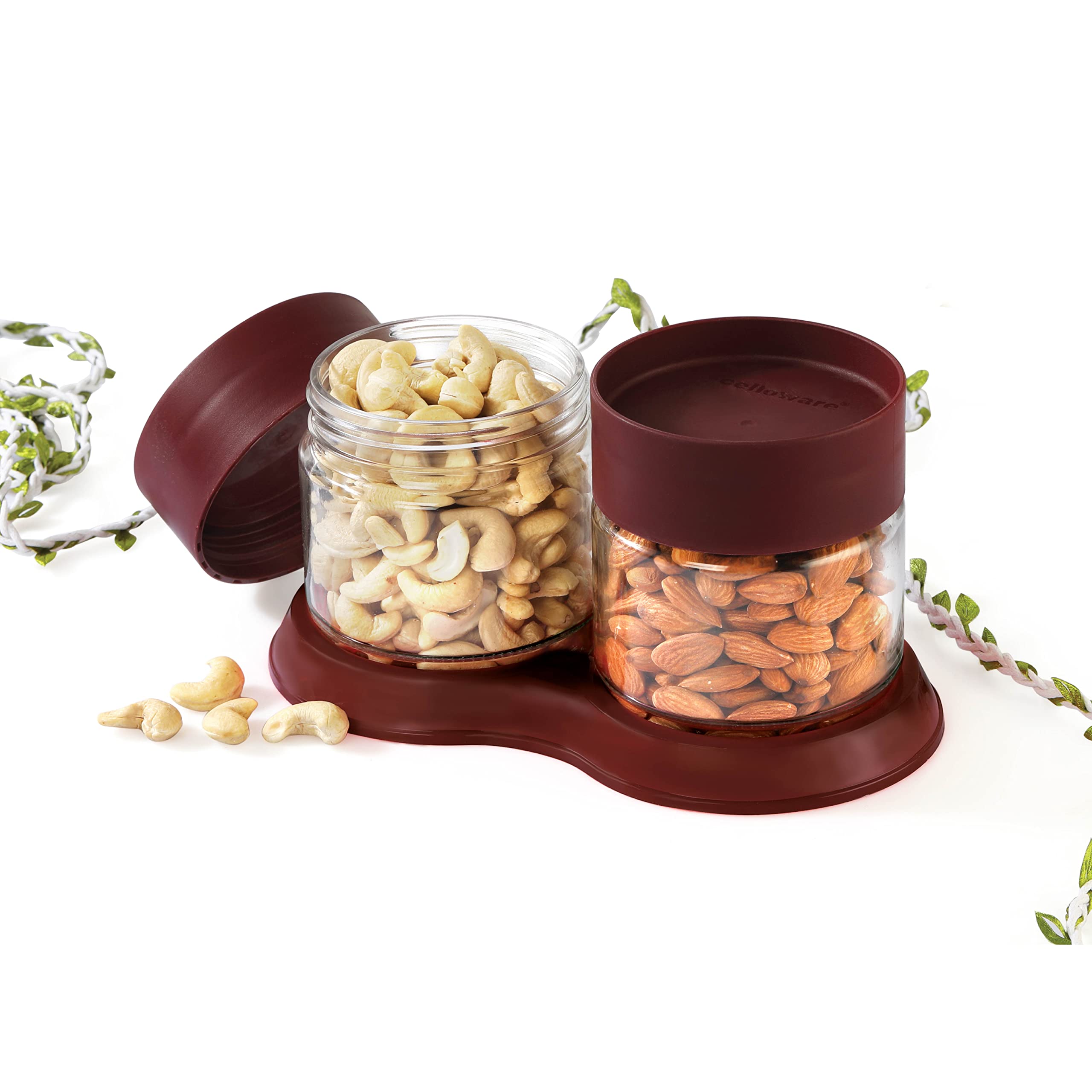 Cello Modustack Glassy Tray Set Set Of 2 (500Ml X 2), Maroon | Glass Jar With Lid & Tray | Stackable | For Grains, Pulses, Spice