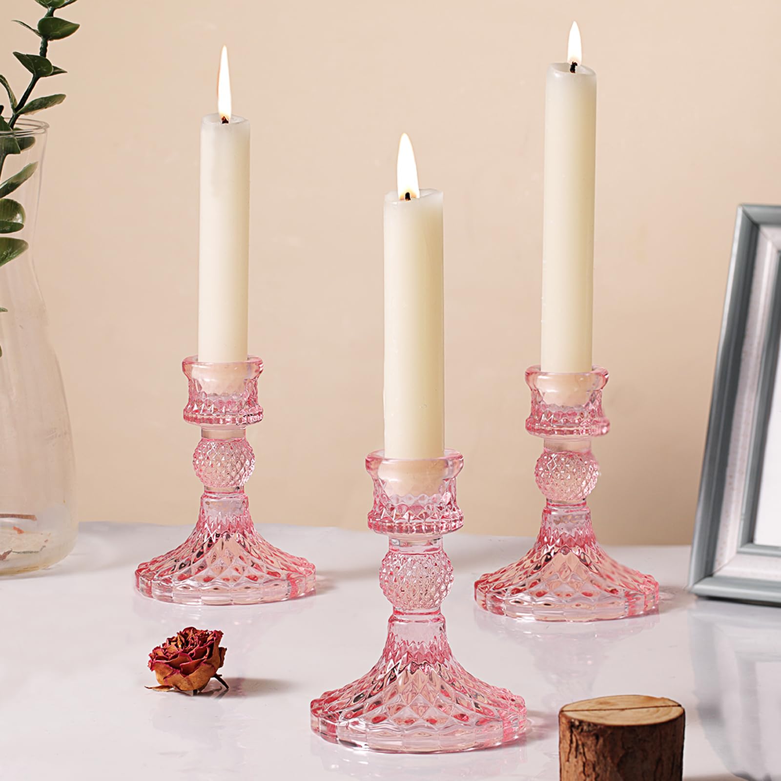 12Pcs Pink Candlestick Holders Set- 4 H Taper Candle Holders Bulk, Glass Candle Holders for Wedding, Party, Romantic Dinner Tabl