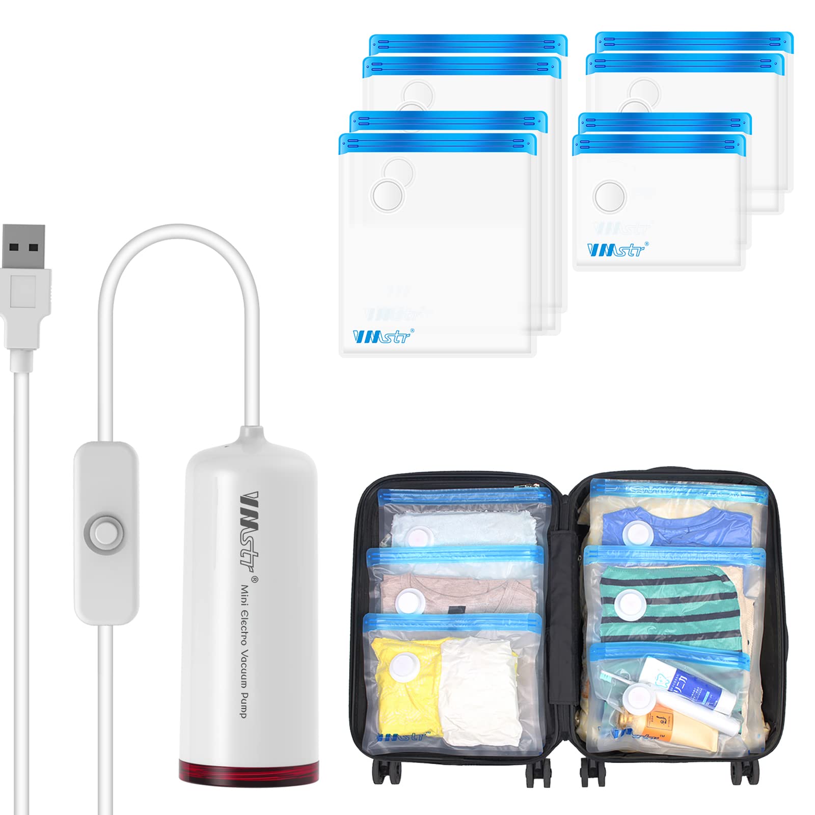 Vmstr Travel Vacuum Storage Bags With Electric Pump (Usb Pump + 8 Combo Bags)