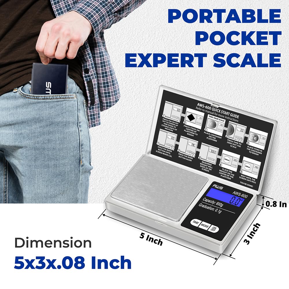American Weigh Scales 600g x 0.1g Digital Pocket Scale | High Precision Digital Scale LCD Display Multi Unit Conversion Pocket G