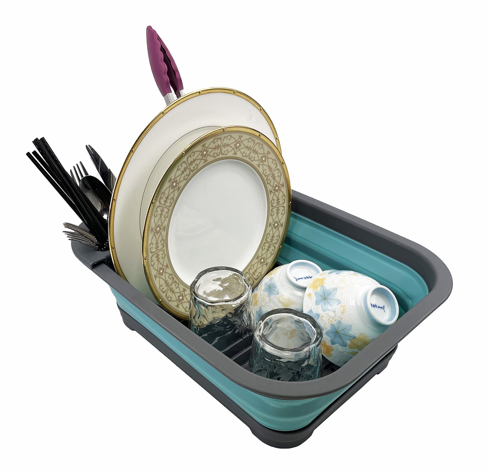 Sammart 7.3L (1.9 Gallon) Collapsible Plastic Dish Drainer With Drainer Board - Foldable Drying Rack Set - Portable Dinnerware O