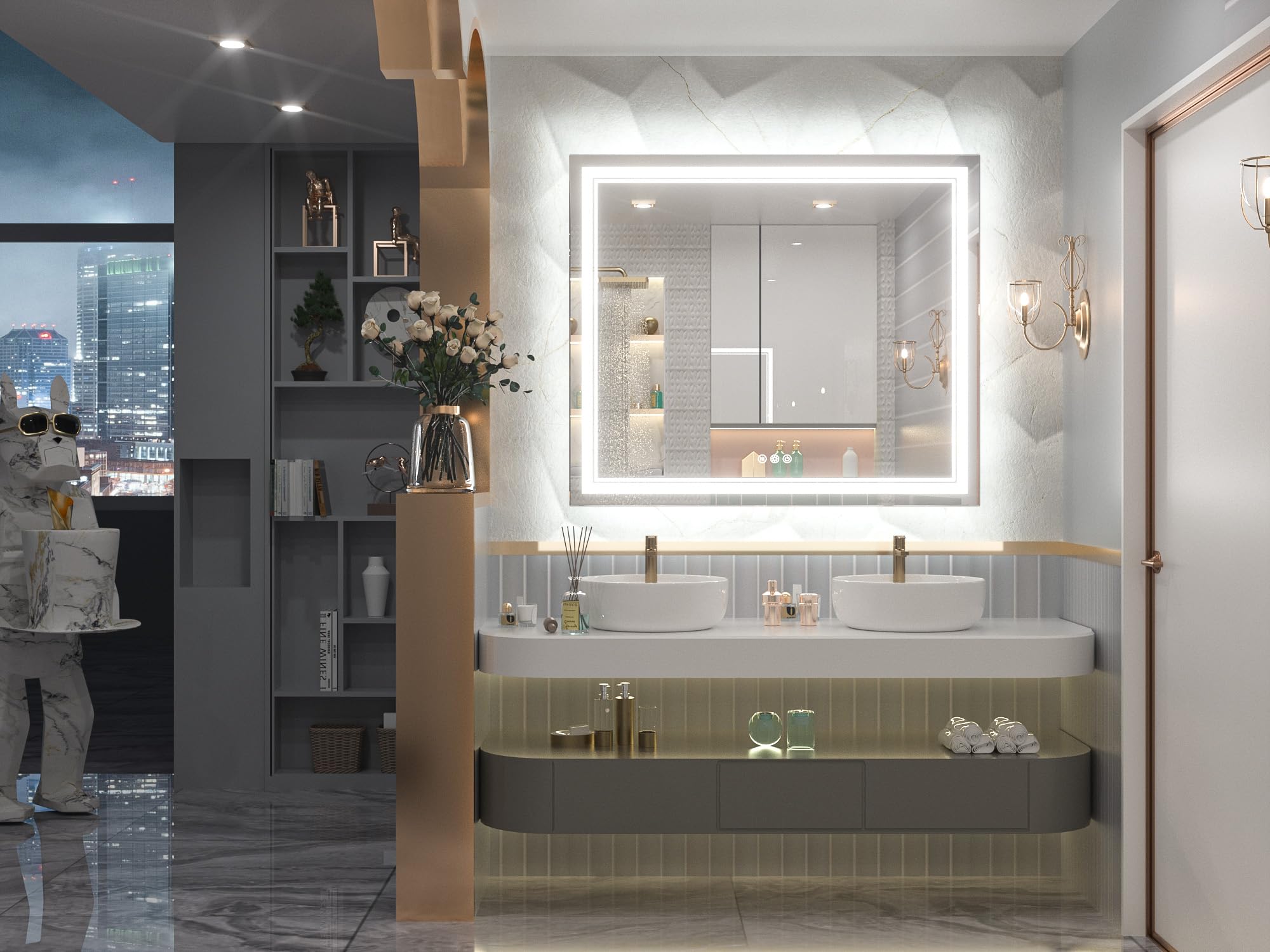 Keonjinn Bathroom Led Mirror 42 X 36 Inch Frontlit And Backlit, Stepless 3 Colors Temperature & Dimmable Tempered Glass Mirror,