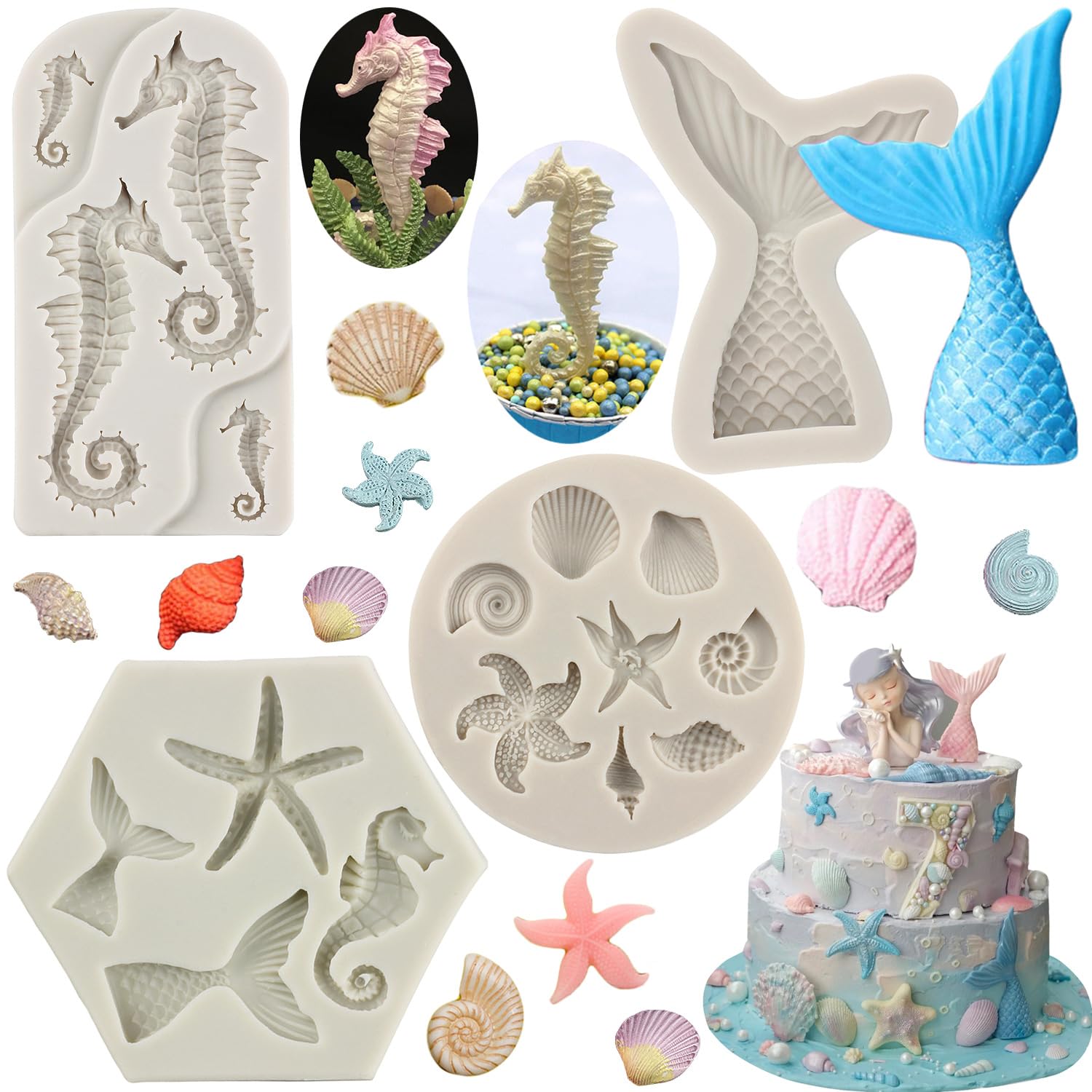 Mypracs Marine Theme Fondant Molds Seashell Conch Seahorse Starfish Mermaid Tail Silicone Mold For Sugar Cake Decoration Cupcake