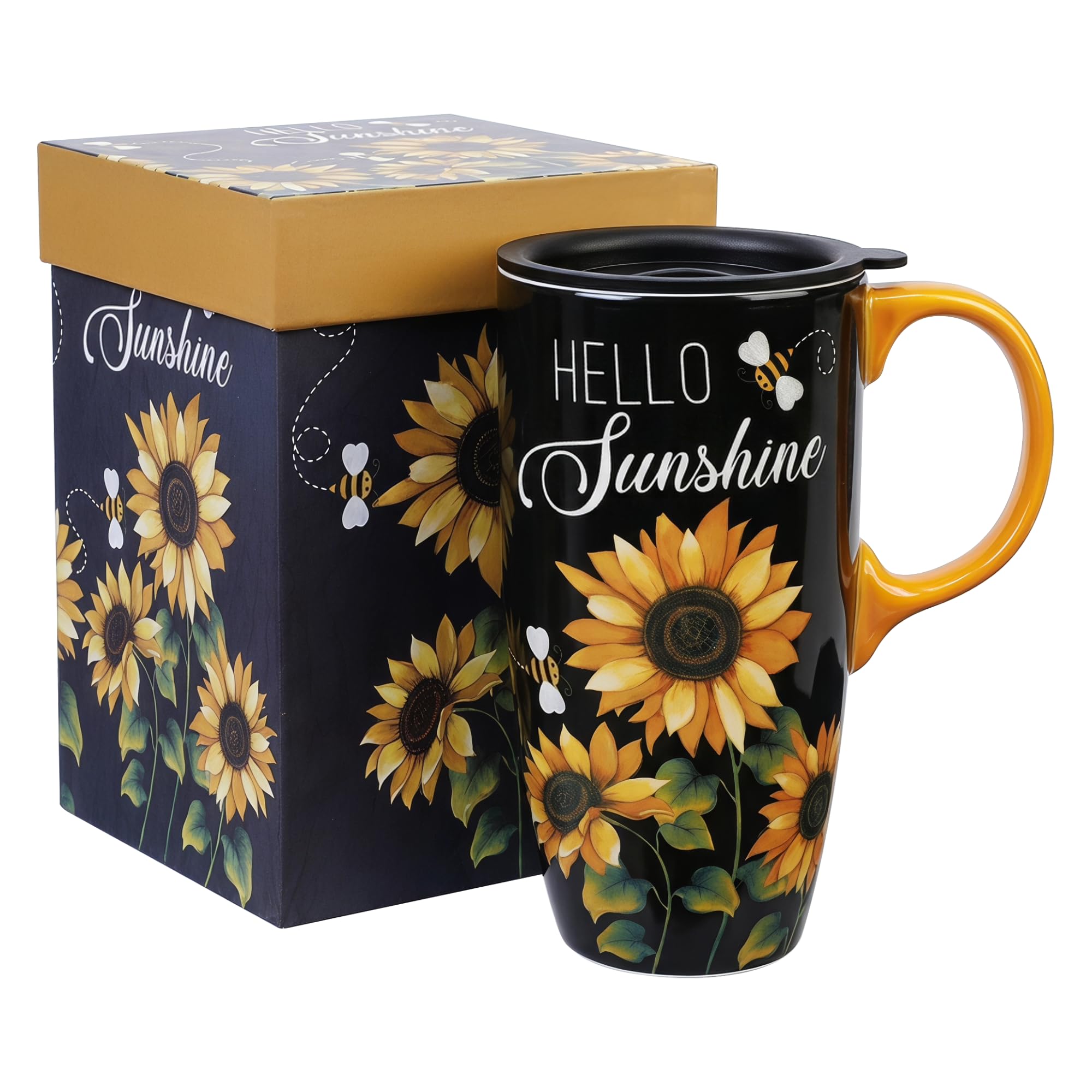 Topadorn 17oz Sunflower Ceramic Coffee Mug with Lid, Reusable Travel Mug