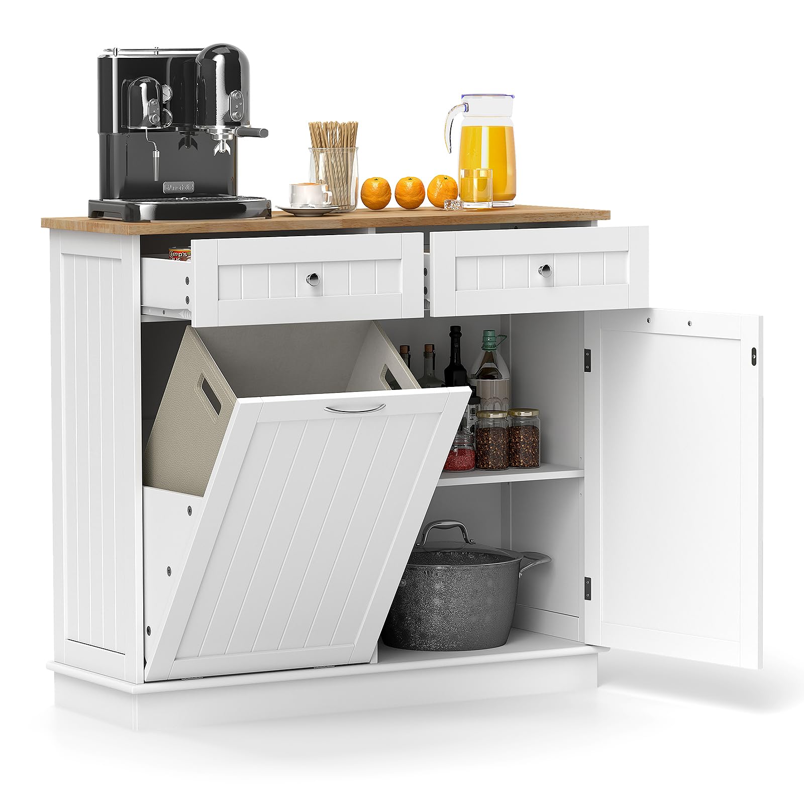 SILKYDRY Tilt Out Trash Cabinet, Kitchen Island with 2 Drawers & Adjustable Shelf, Rubber Wood Countertop, Freestanding Laundry Hamper, Recycle Bins Pet Proof Garbage Can Holder (White)-Used Condition