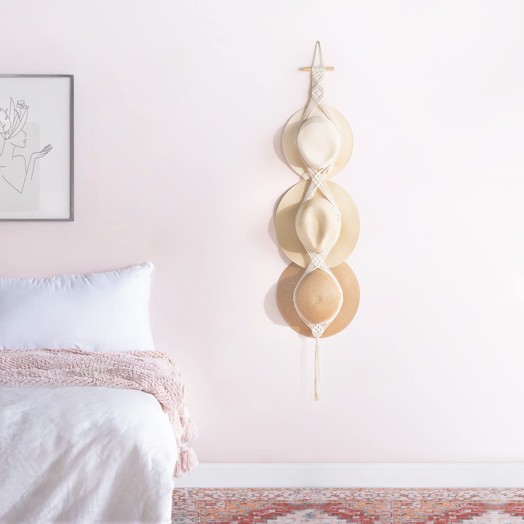 Dahey Macrame Hat Hangers Hat Rack For Wall Cowboy Hat Organizer Hanging Display Hand Weaving Bobo Hat Holder Western Decor For