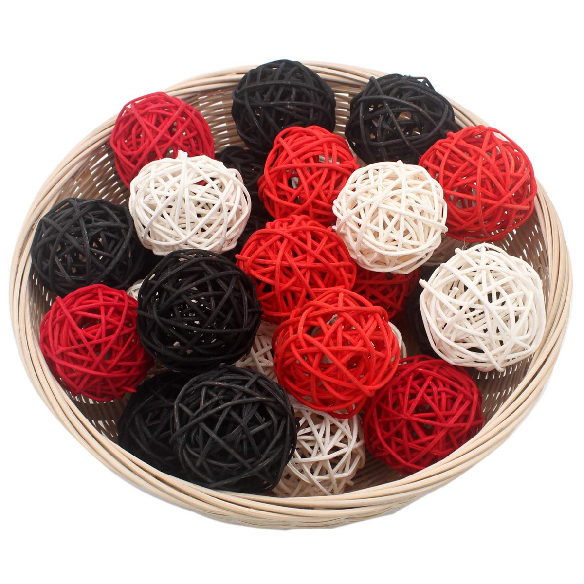 ALLHEARTDESIRES 15 PCS Red Black White Decorative Wicker Rattan Balls for Vase Bowl Filler, Red Living Room Bathroom Decor, Chri