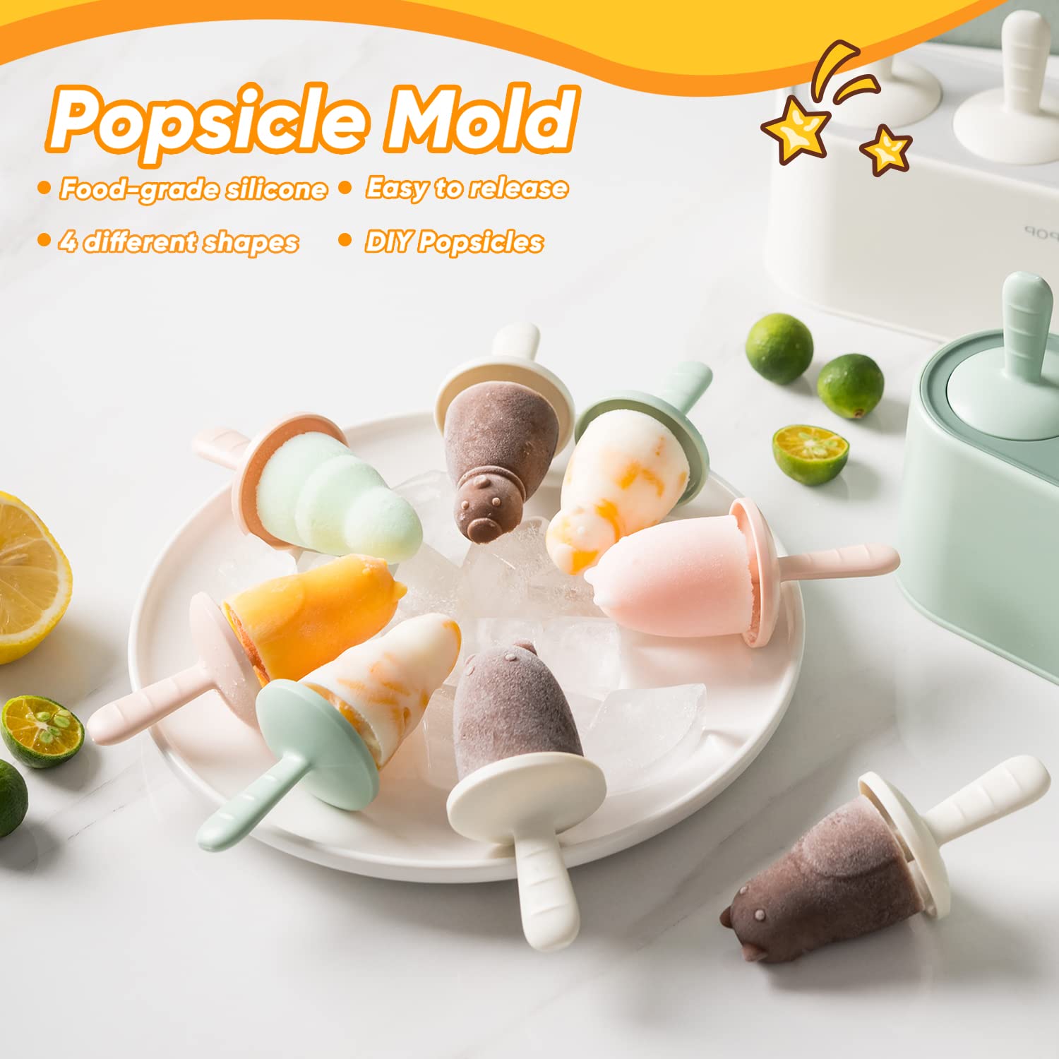 Popsicle Mold Set 4 Pieces Homemade Silicone Popsicle Maker Easy Release Ice Cream Molds Reusable Diy Pop Molds (Ice World, Gree