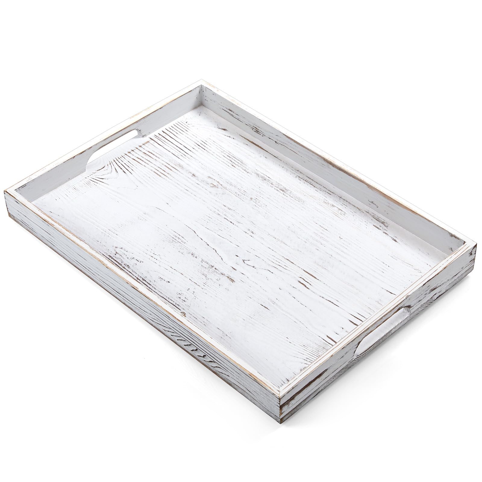 17 Inch Rustic White Serving Tray with Handles - Large Wooden Tray for Ottoman, Breakfast in Bed, Dinner, Coffee Table - Decorat
