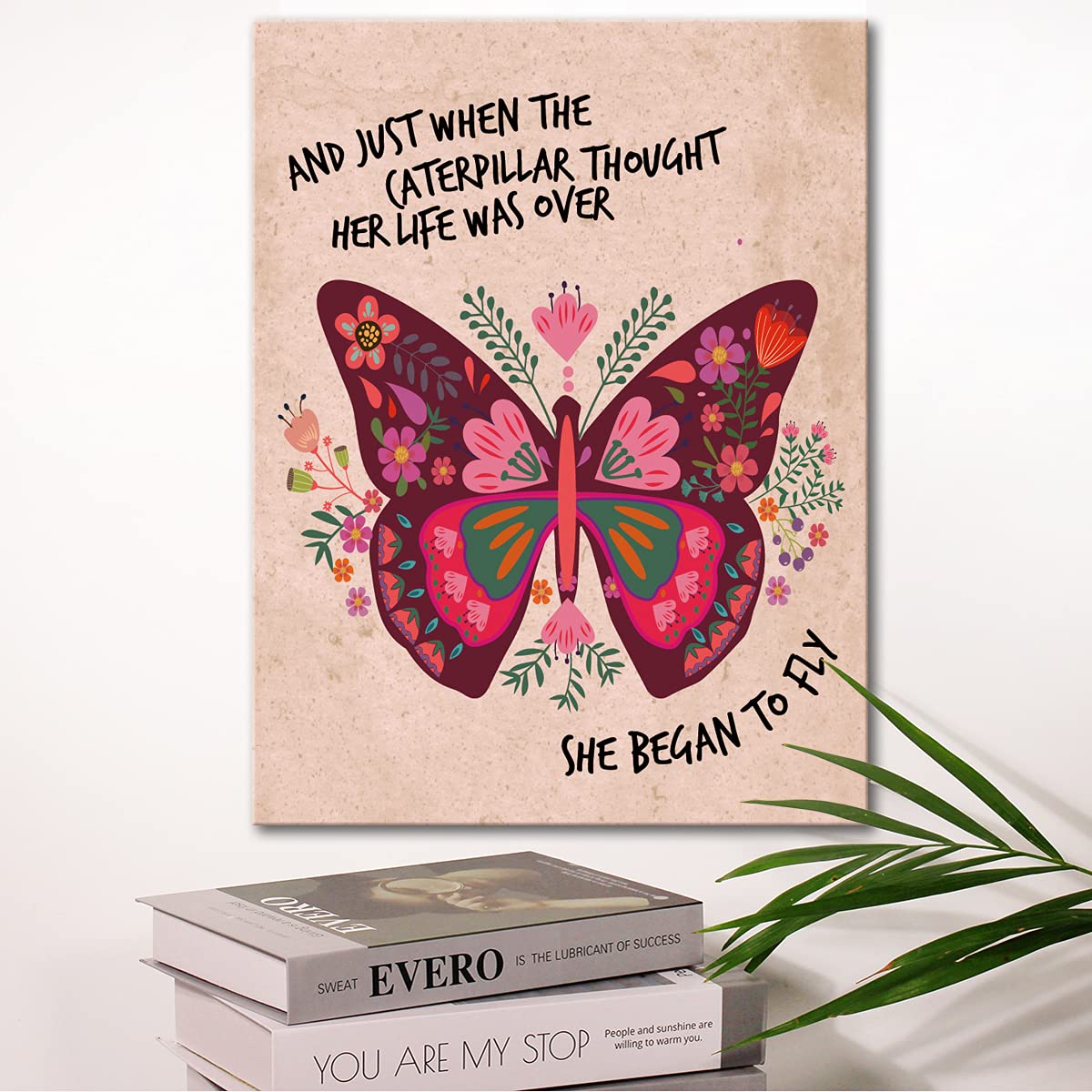 Flower Butterfly Inspirational Quotes Motto Framed Canvas Wall Art Gifts for Women Girls Friends Sister Motivational Canvas Prints Framed Wall Art for Home bedroom Living Room Wall Decor