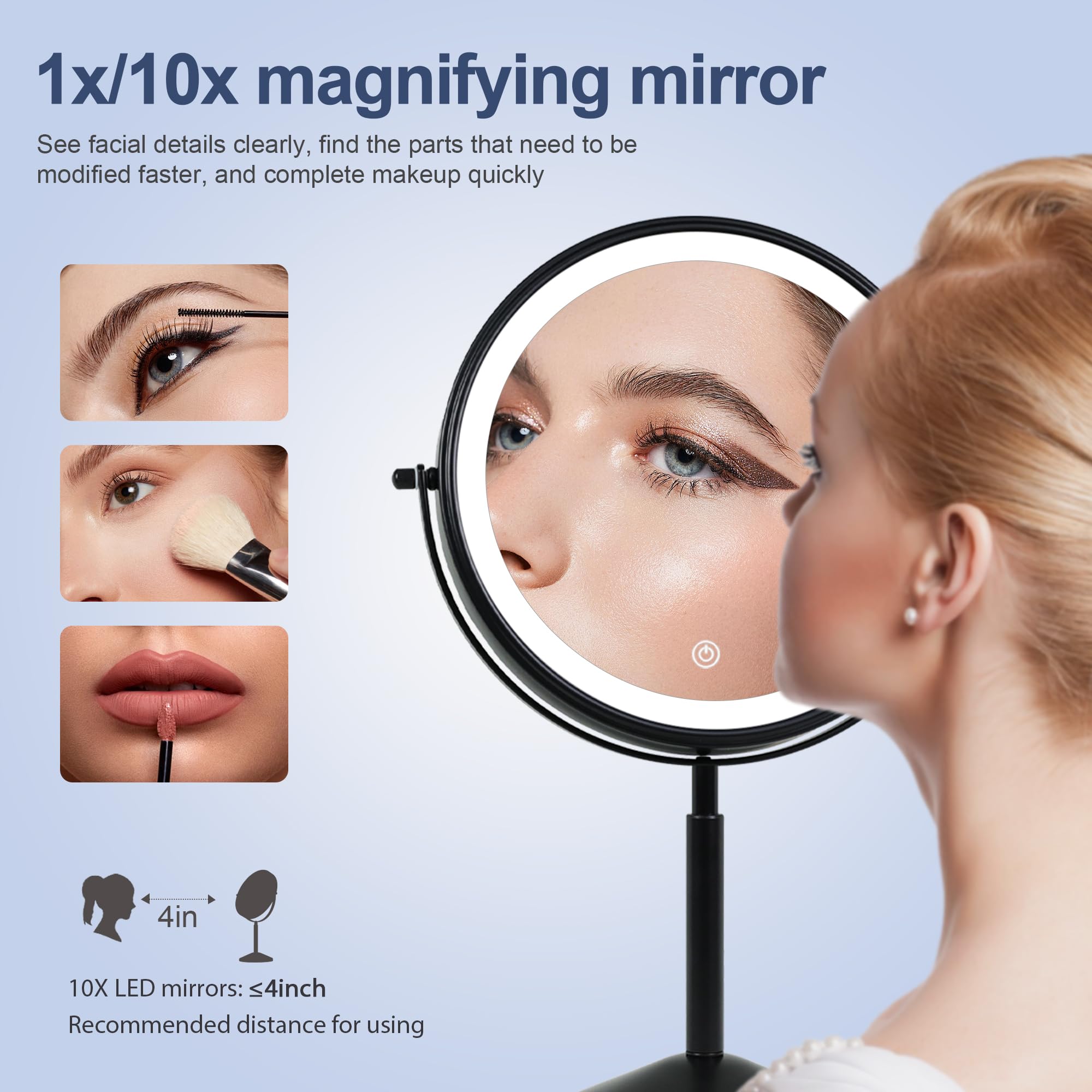 Yngtoue 9'' Makeup Mirror With Lights And 10X Magnification Led 3000Mah Rechargeable, 360 Rotating Adjustment,Black Vanity Swive