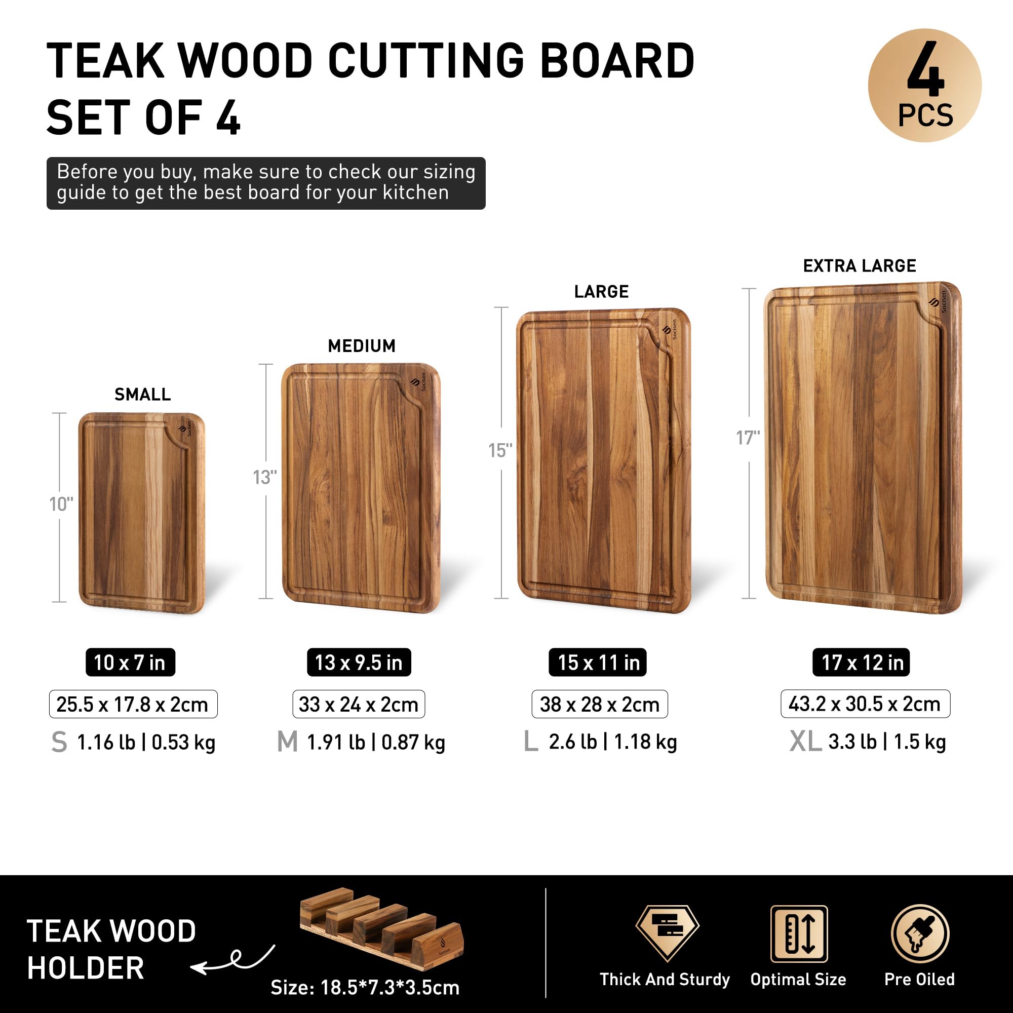 4 Pack Teak Wood Cutting Board Set for Kitchen Heavy Duty Non Toxic Non Slip Solid Thick Wood Haus Chopping Board Extra Large Bi