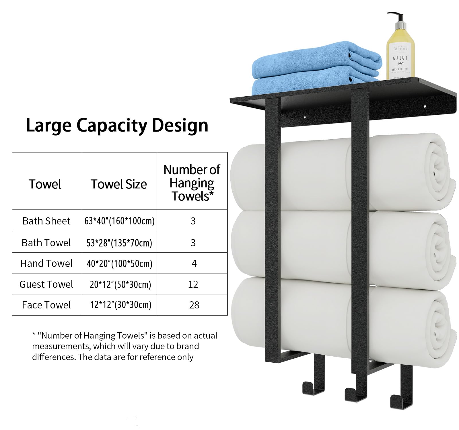 Bethom Towel Racks For Bathroom, Towel Rack With Shelf & 3 Hooks, Towel Storage Holders Wall For Rolled Bath Towels, Black