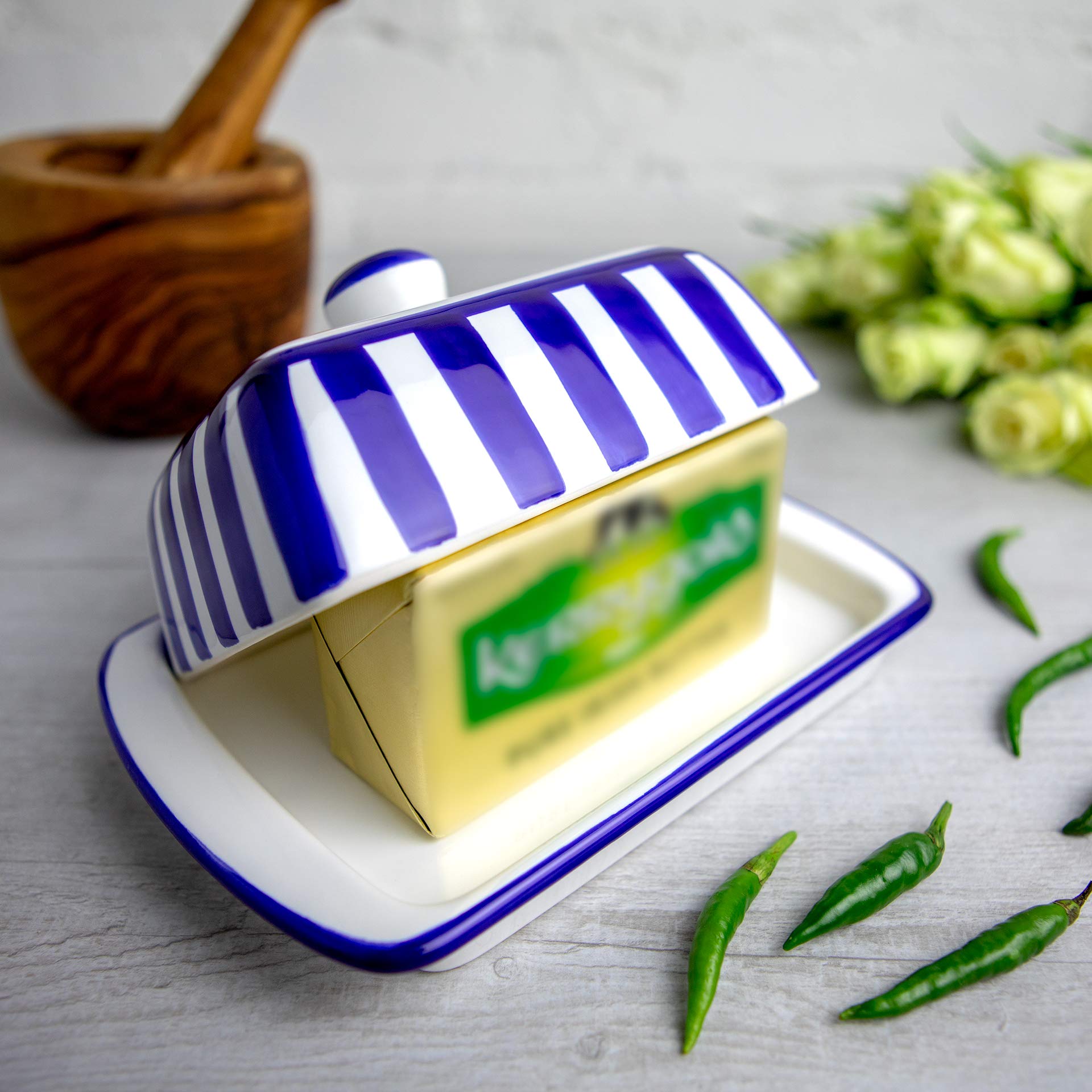 City to Cottage Large Ceramic Butter Dish with Lid, Navy Blue Stripe, Handcrafted Butter Keeper for Countertop