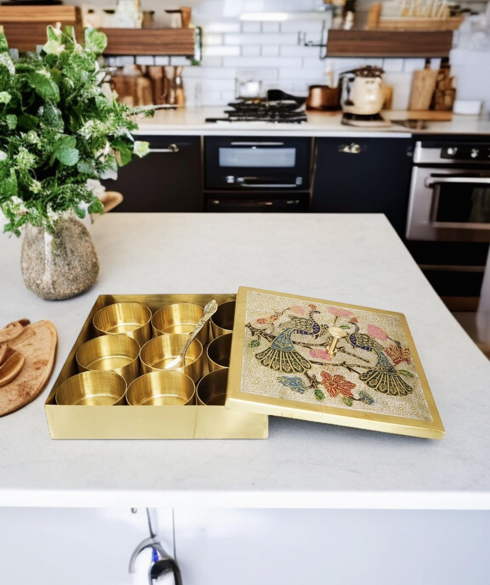 Peacock Design Brass Spice Box For Kitchen (Pure Brass, 9 Detachable Containers,L 1 Spoon) | Brass Masala Box For Kitchen Masala