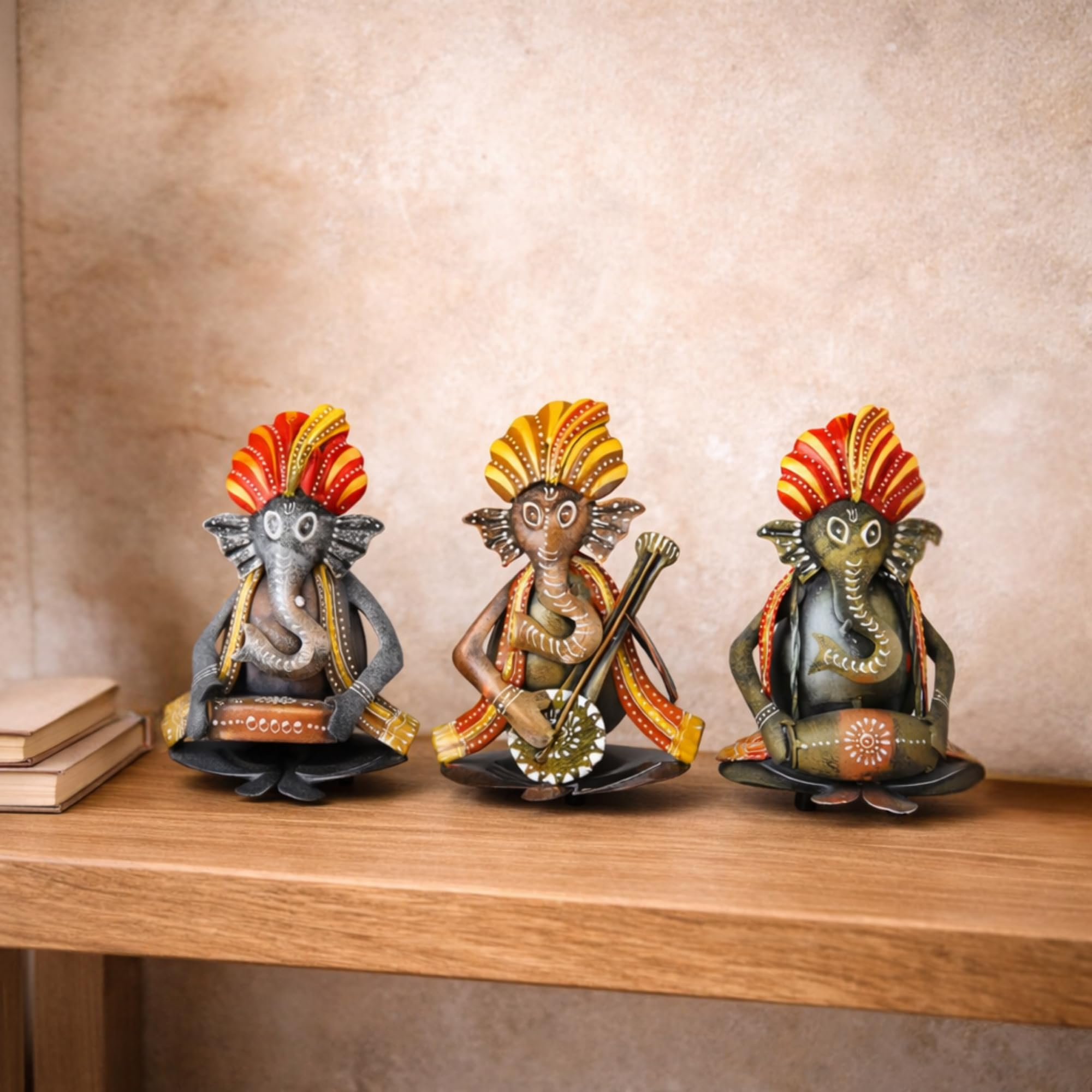 Craftvatika Metal Ganesha Playing Musical Instruments Set Of 3, Handcrafted Ganesha Playing Dholak Harmonium Sitar Showpiece For