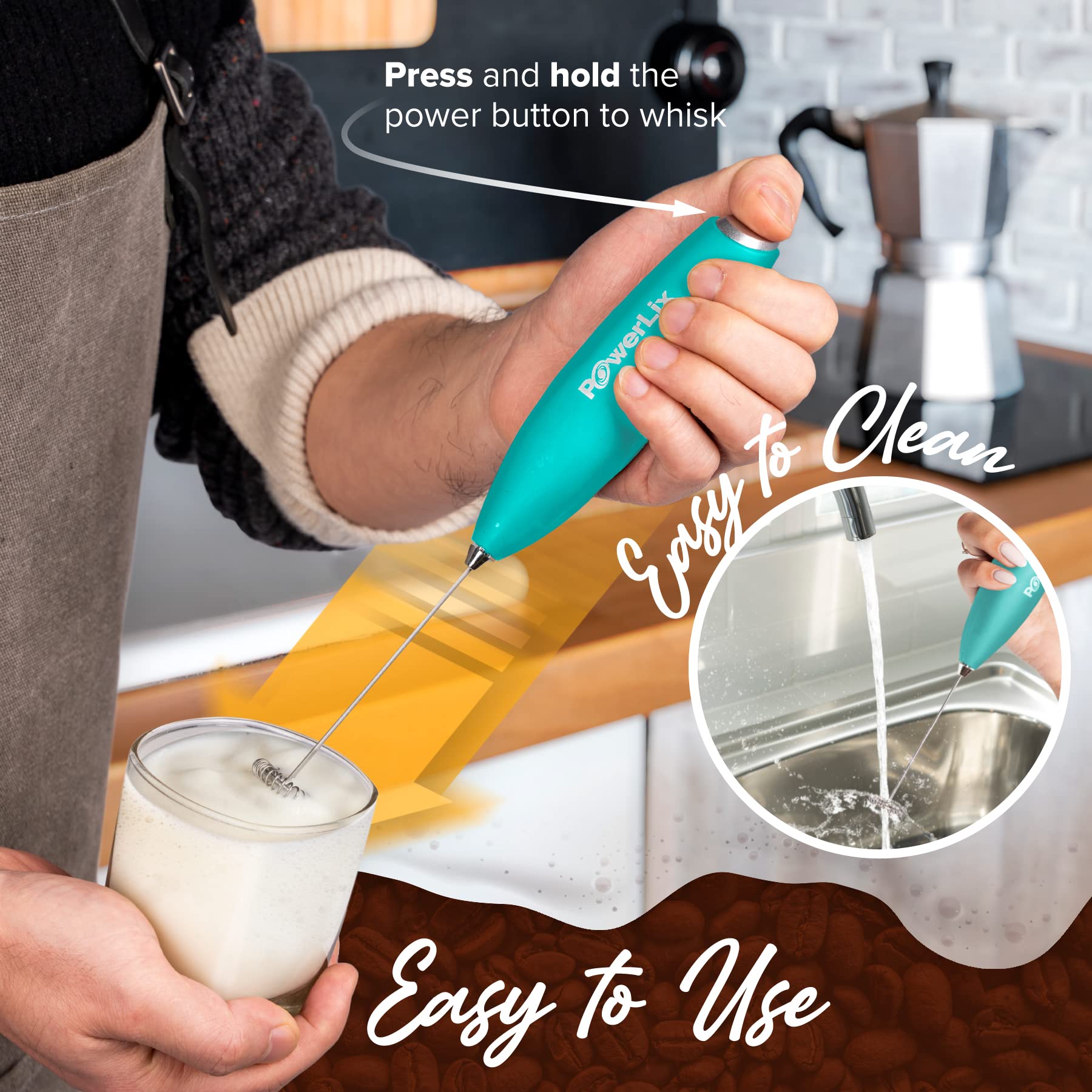 Powerlix Milk Frother No Stand Handheld Battery Operated Electric Foam Maker For Coffee, Latte, Cappuccino, Hot Chocolate, Durab
