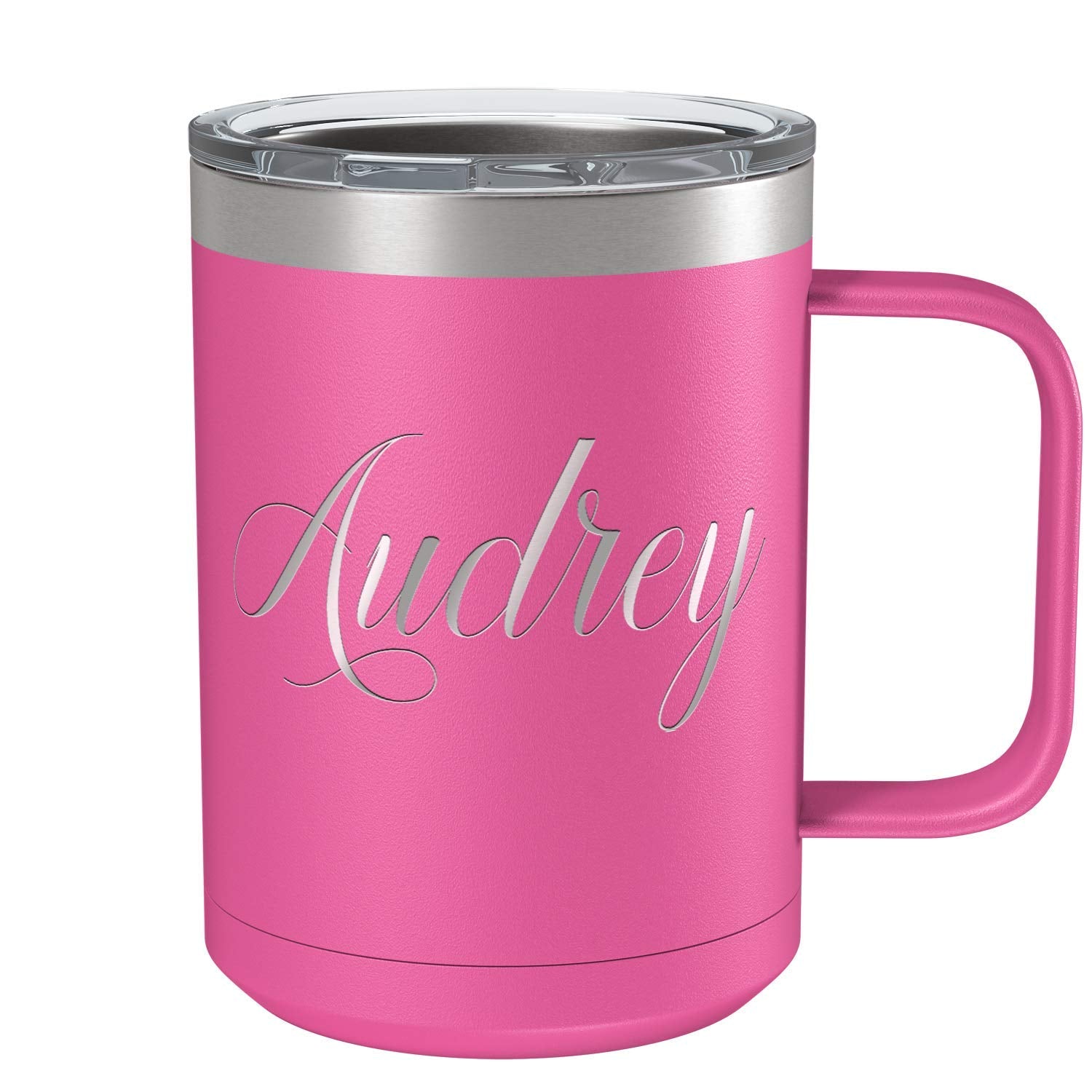 Personalized Coffee Mug Pink Matte Finish 15 oz with Handle Custom Engraved Gift Stainless Steel Vacuum Insulated Cup