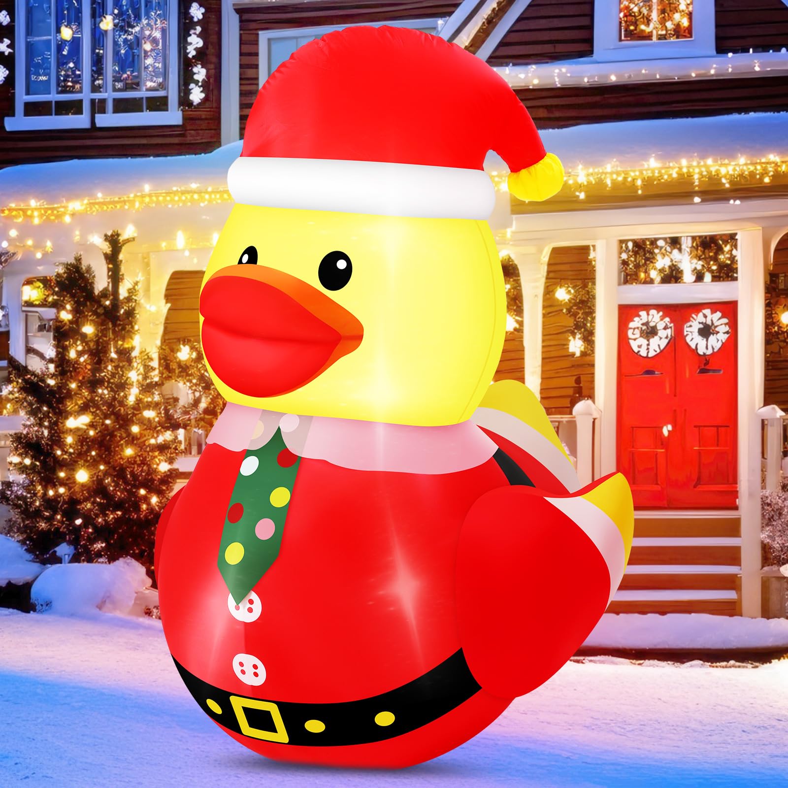 Leyndo 1 Set 5FT Christmas Inflatables Decoration Outdoor Inflatables Duck with Build-in LEDs Lights Giant Blow Up Duck Wear Chr