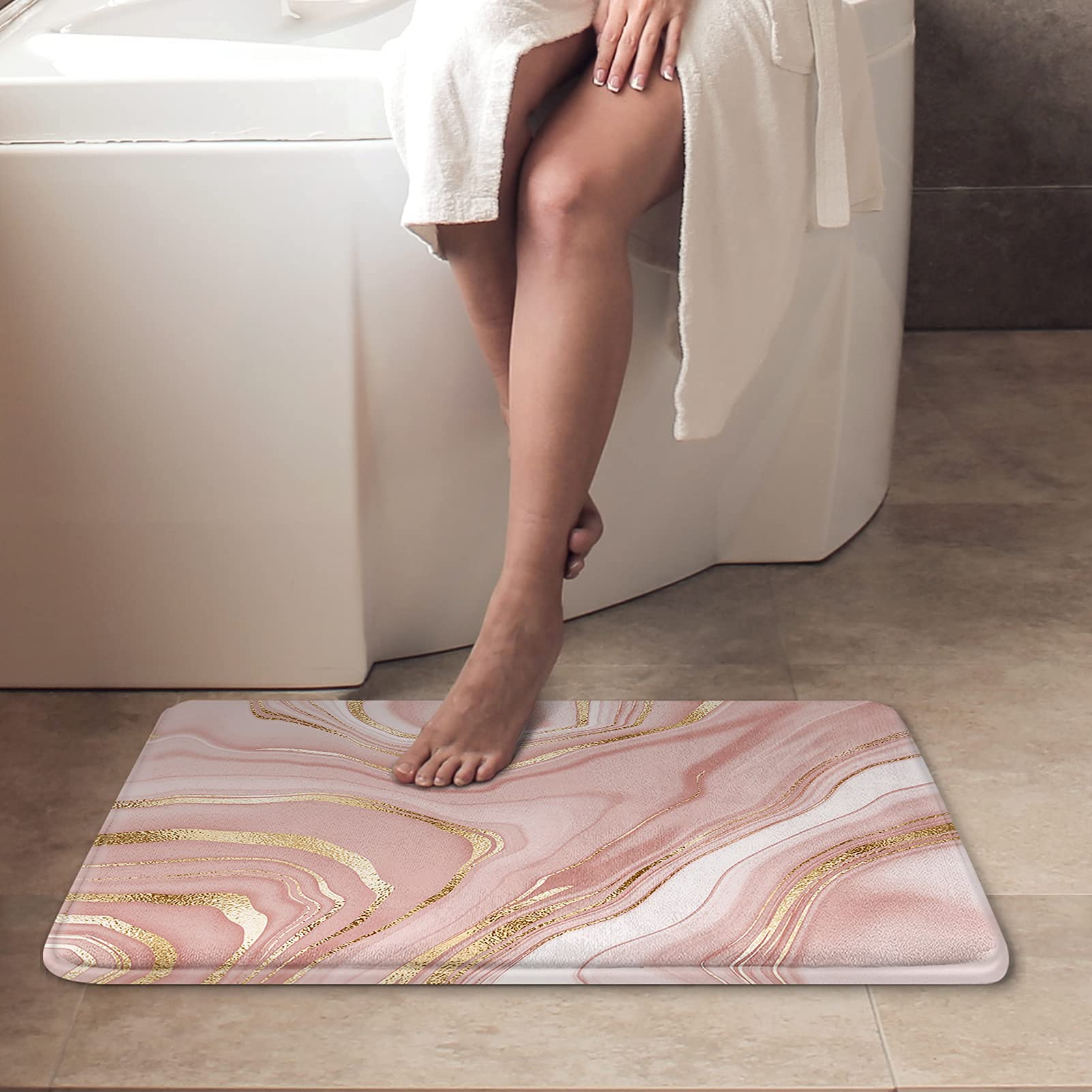 Britimes Marble Pink Bathroom Rug Set Of 2, Washable Cover Floor Rug Carpets Floor Bath Mat Bathroom Decorations 16X24 And 20X32