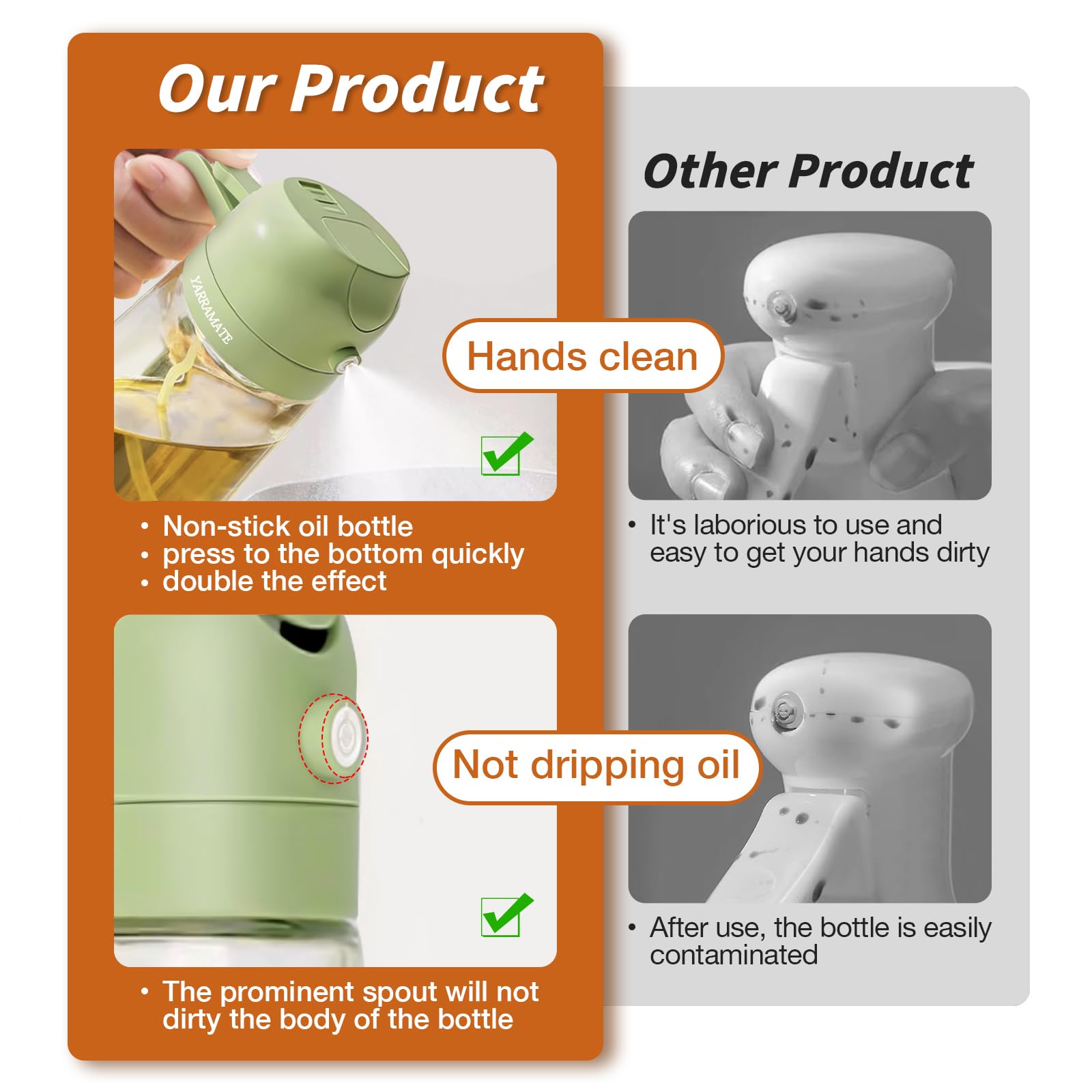 Yarramate Olive Oil Dispenser Bottle For Kitchen,2 In 1 Oil Sprayer For Cooking, 17Oz/500Ml Glass Oil Spray Bottle With Pourer,