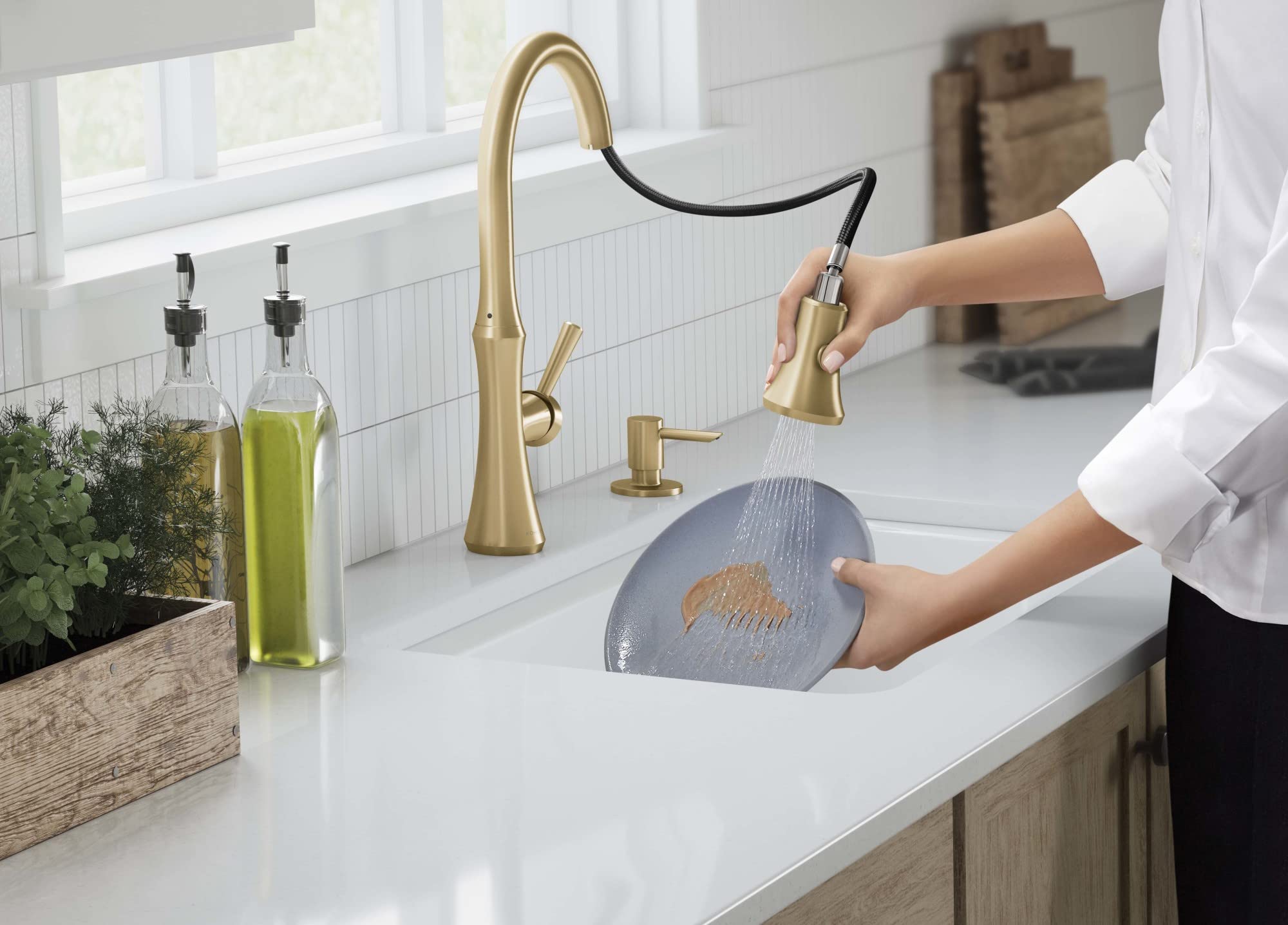 KOHLER Kaori Kitchen Faucet with Pull Down Sprayer & Soap Dispenser, Model R28706-SD-2MB, Vibrant Brushed Moderne Brass
