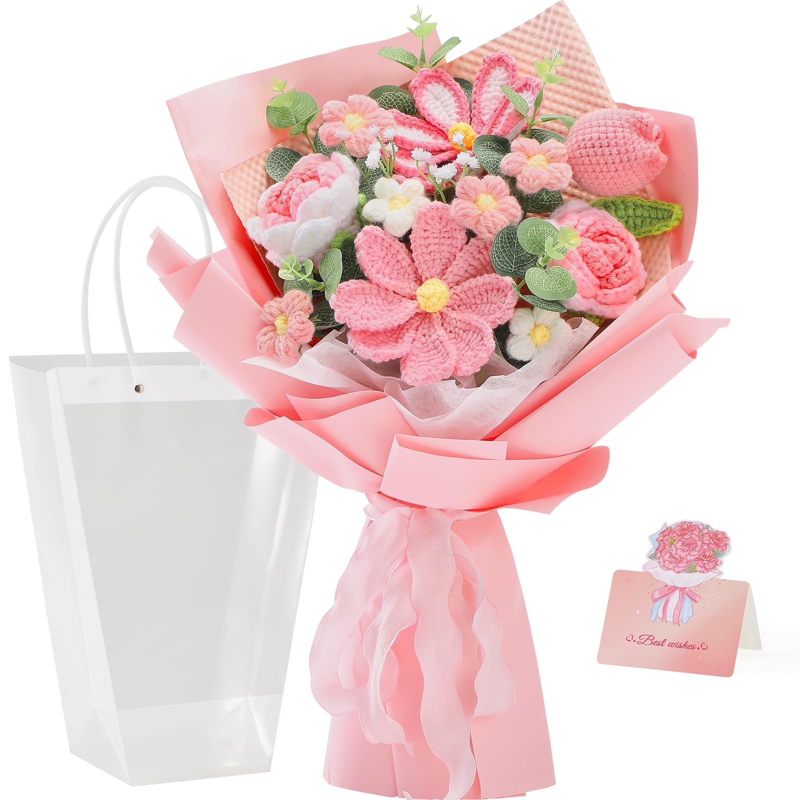 Alecono Crochet Flower Bouquet, Pink Knitted Flowers, Crochet Tulip Galsang Flower for Lover Anniversary Birthday Party Mother s