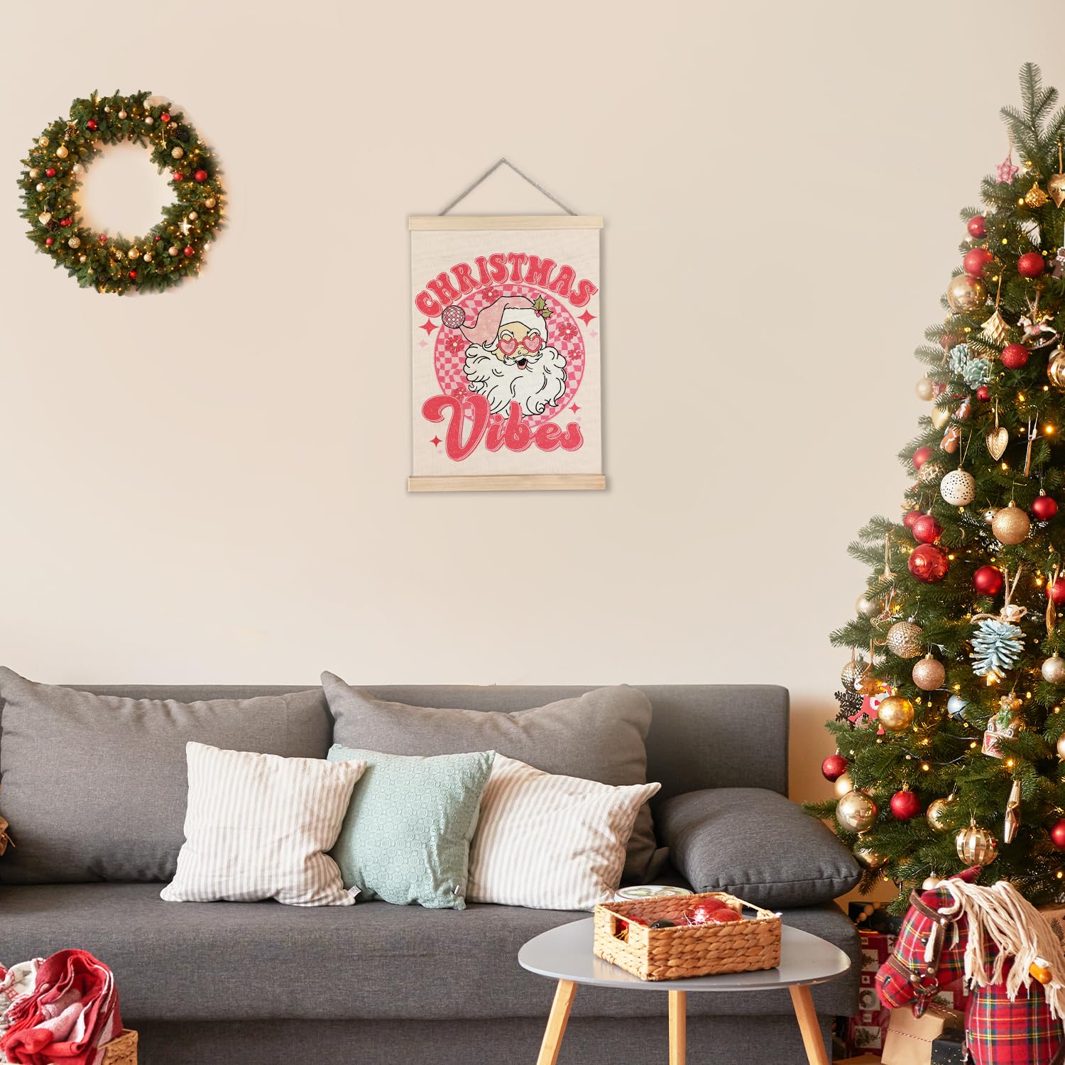 Pink Christmas Wall Decor, Funky Retro Christmas Santa Claus Pink Checkered Wall Art With Wooden Poster Hanger, Christmas Wall D