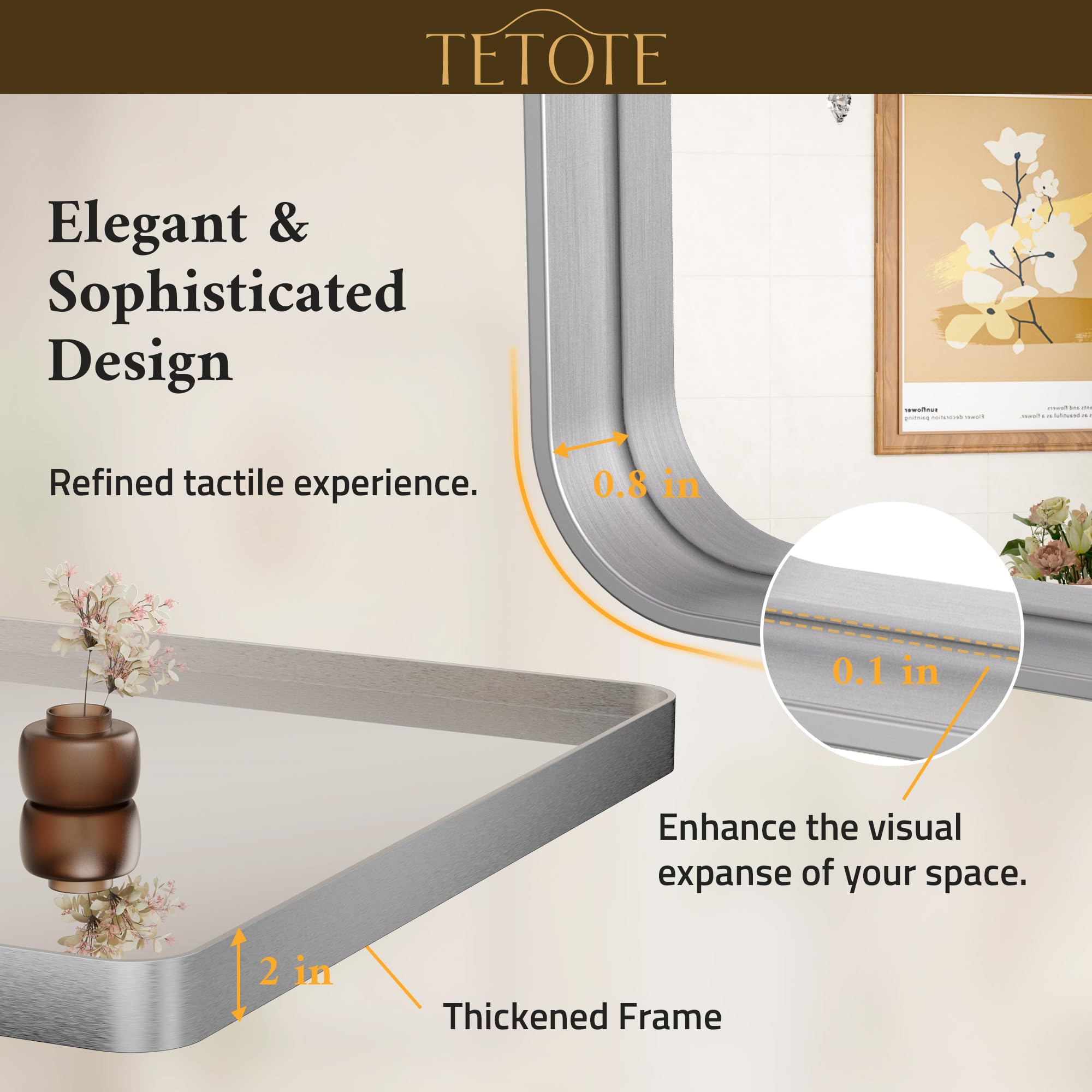 TETOTE 72 x 36 Inch Silver Bathroom Mirror  Rectangle Metal Framed Mirrors for Vanity  Brushed Nickel Modern Farmhouse Round Corner Wall Mounted Large Mirror (Horizontal/Vertical)