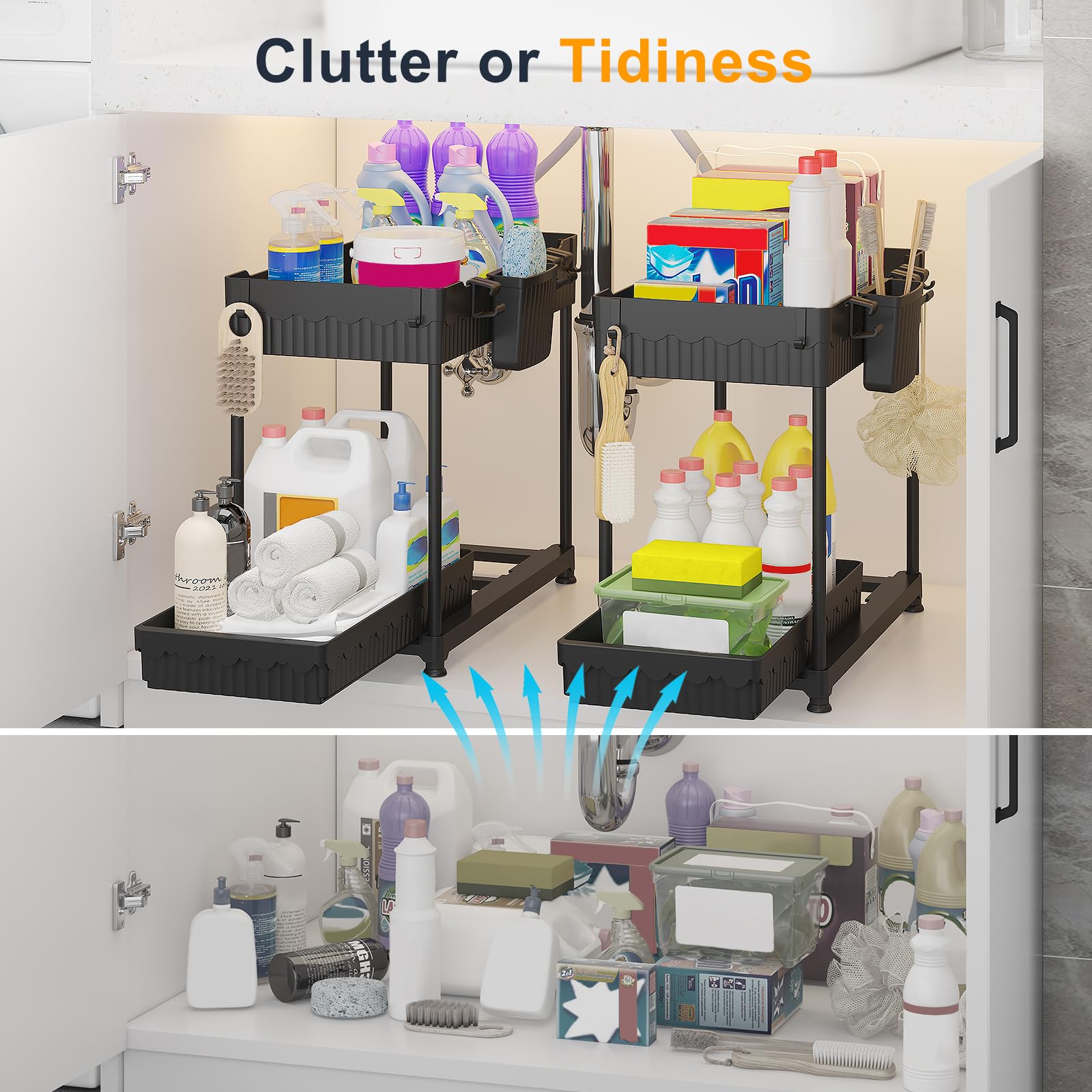 Sevenblue 2 Pack Under Sink Organizers And Storage, 2 Tier Sliding Bathroom Organizer,Multi-Use Under Kitchen Cabinet Storage Sh