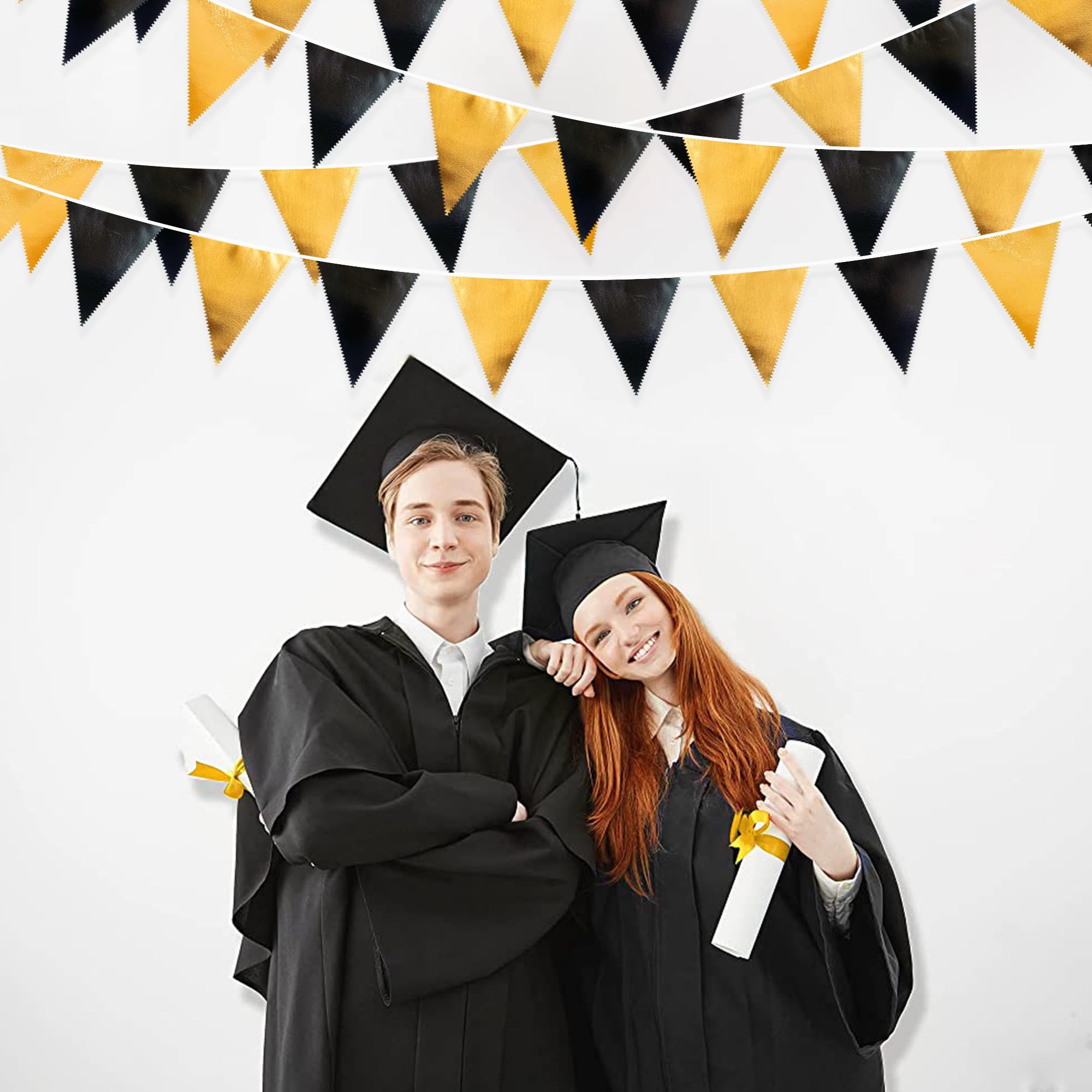 Black And Gold Party Decorations Triangle Pennant Banner Flag Metallic Fabric Bunting Garland For Birthday Graduation Anniversar