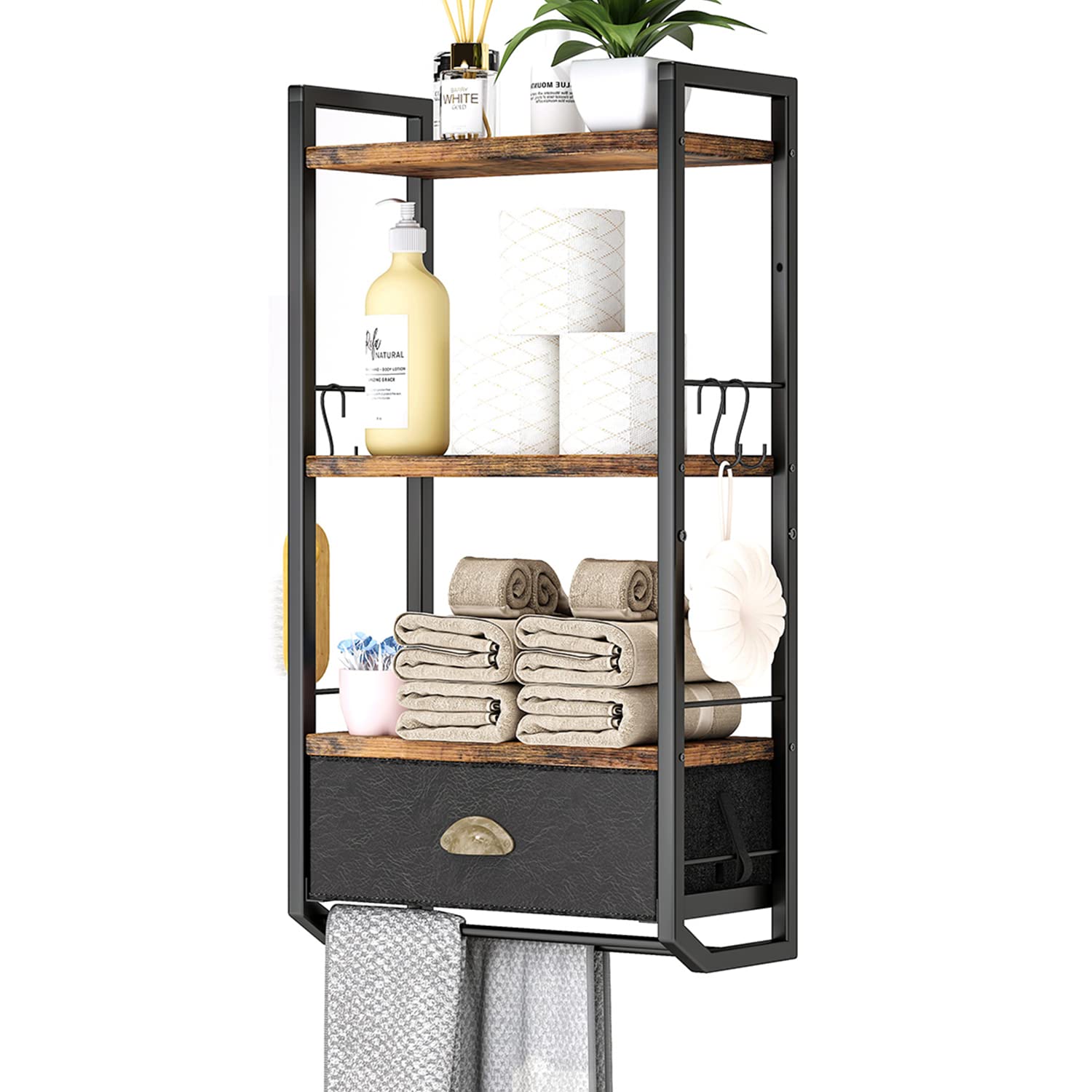 Bathroom Storage Organizer Wall Mounted, 3 Tier Bathroom Towel Rack Shelf With Storage Drawer Double Towel Bars And Hooks, Indus