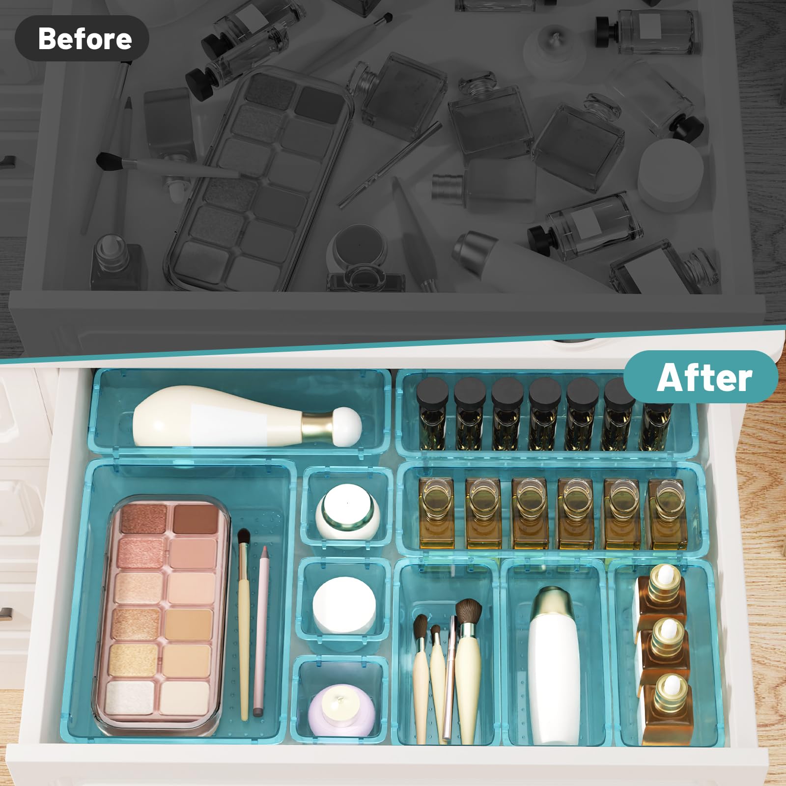 WOWBOX 40 PCS Plastic Drawer Organizer Set, 4 Sizes Desk Drawer Organization and Storage Containers for Makeup, Cosmetics, Jewel