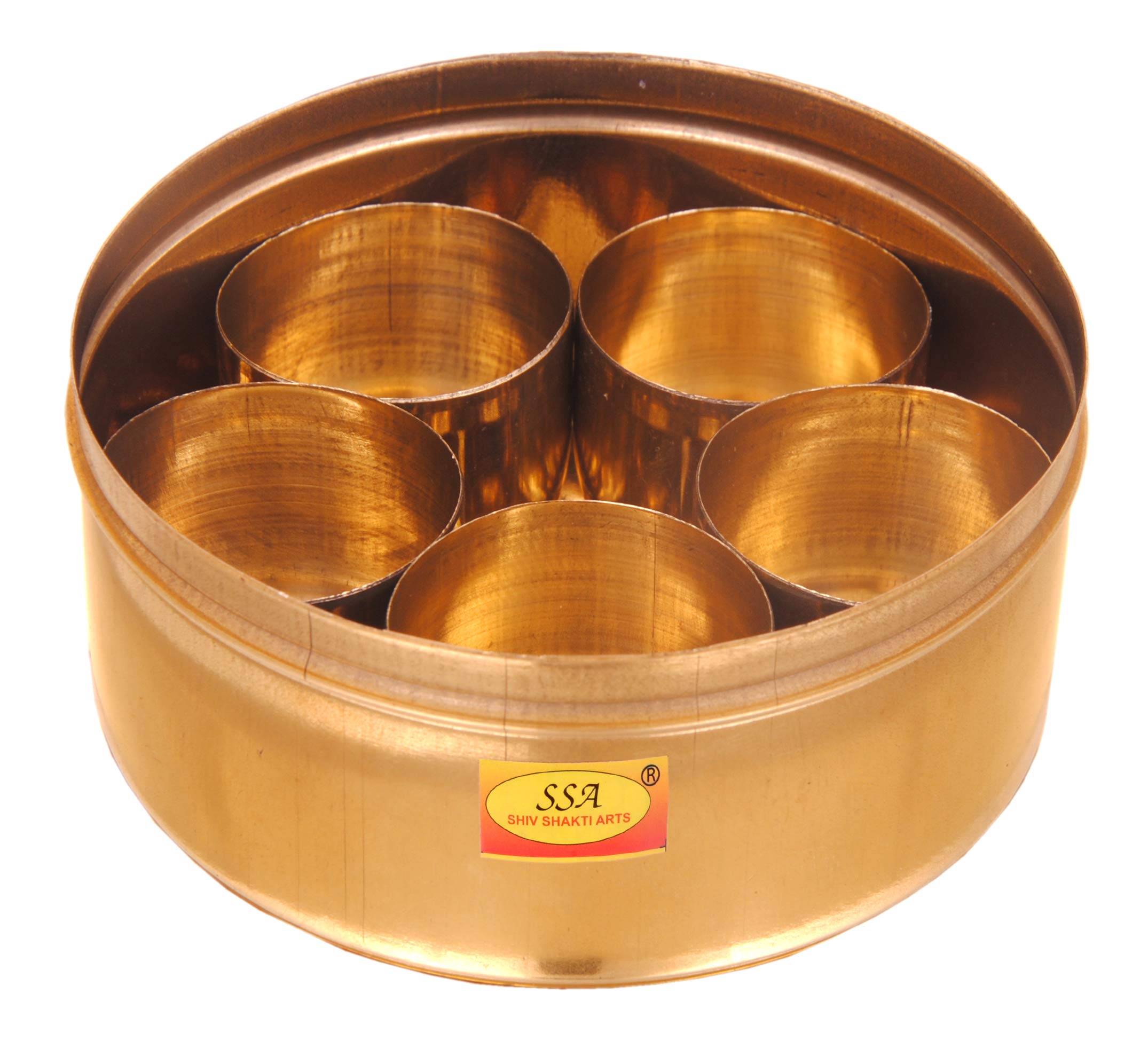 Shiv Shakti Arts Pure Brass Box - Small Mandir Roli / Chawal / Chandan /Kumkum Puja Box / Dibbi With 5 Containers (Small | Diame