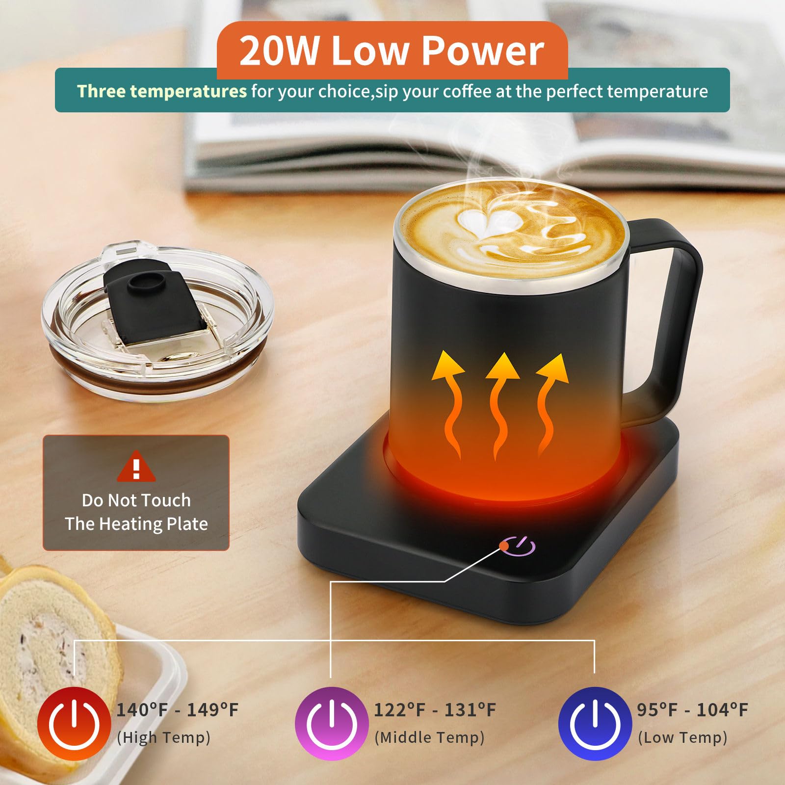 VOBAGA Coffee Mug Warmer Set - 15 oz Stainless Steel Mug with Auto Shut Off & 3 Temperature Settings - Black, Model V037