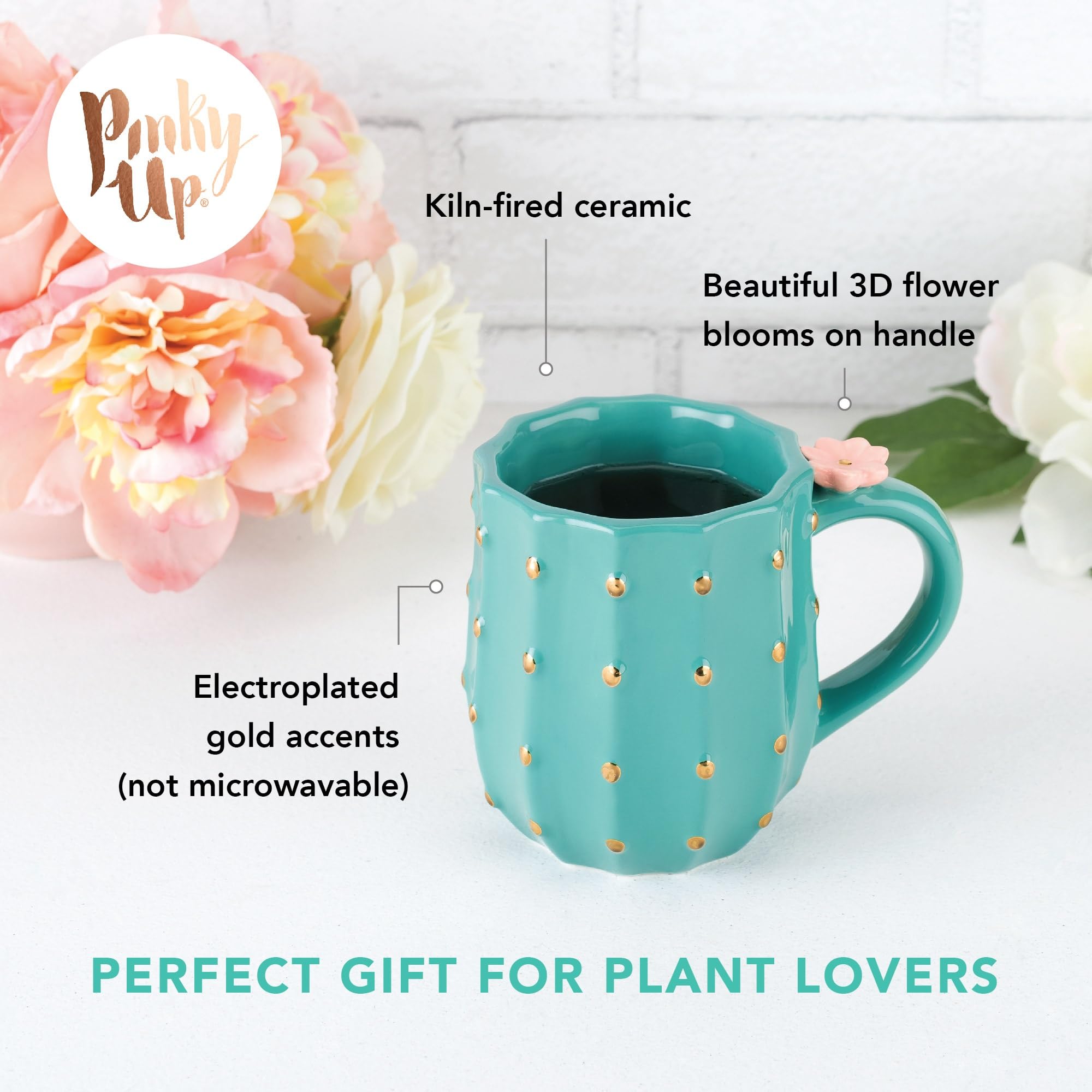Pinky Up Cactus Ceramic Coffee Mug, 12 oz Green Tea Cup, Model 6882, Perfect for Lattes, Cocktails, and More