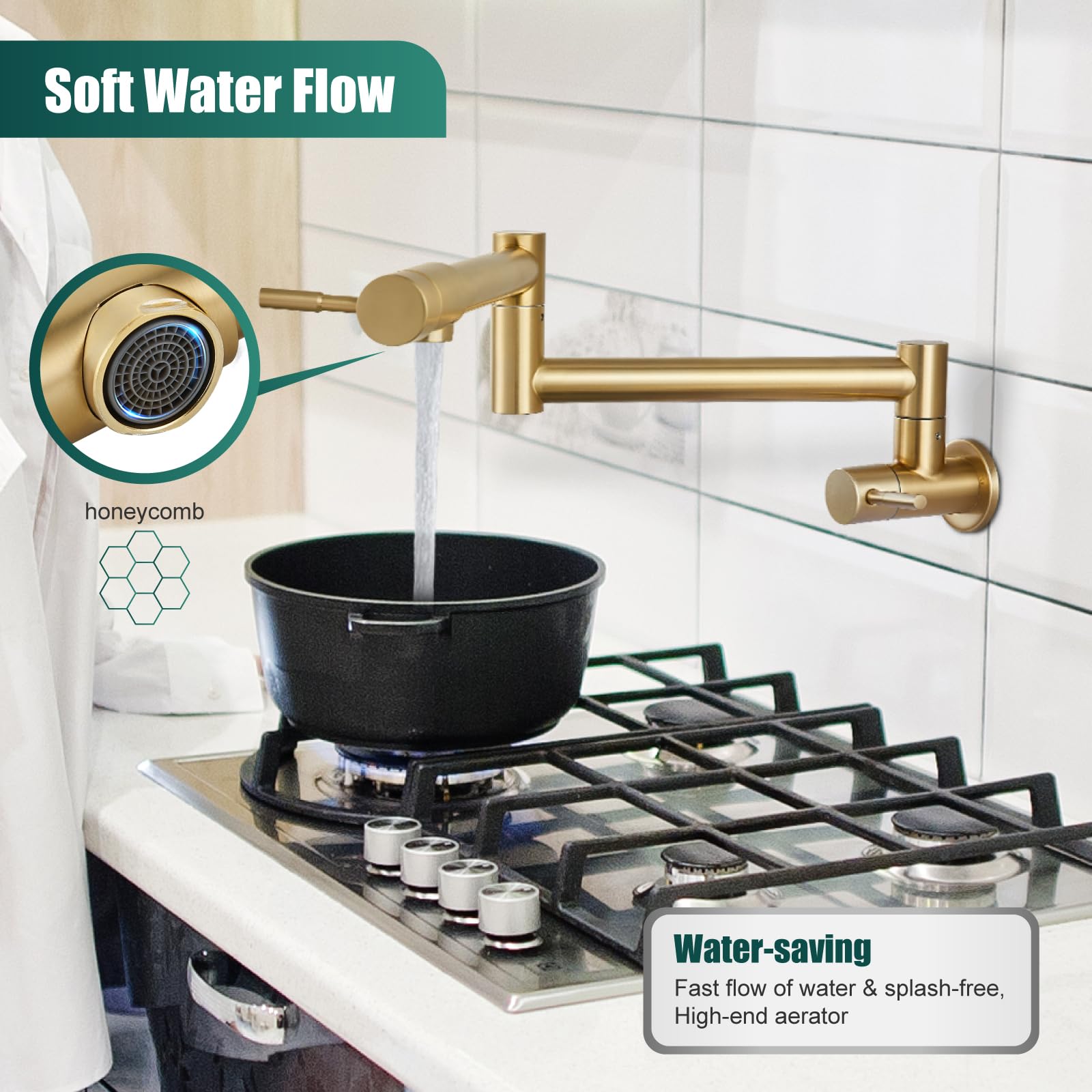 Heyalan Brushed Gold Pot Filler Faucet 19 Inch Folding Stretchable Wall Mount Kitchen Restaurant Faucet SUS304 Stainless Steel with Double Joint Swing Arm Single Hole Two Handles Commercial NPT