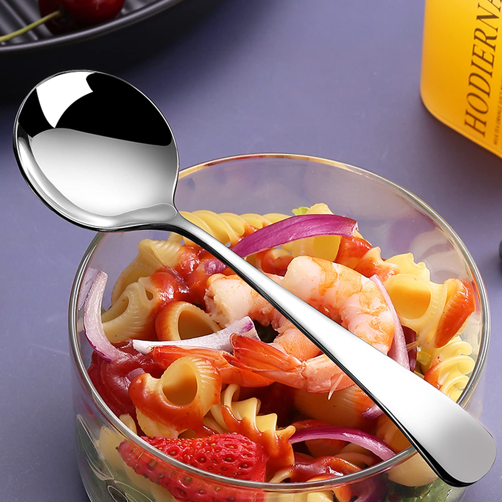 Metal Soup Spoons,Stainless Steel Spoons For Soup Round Colorful Dinner Spoons Thick Short Handle Table Spoon 6.3-Inch, Set Of 6