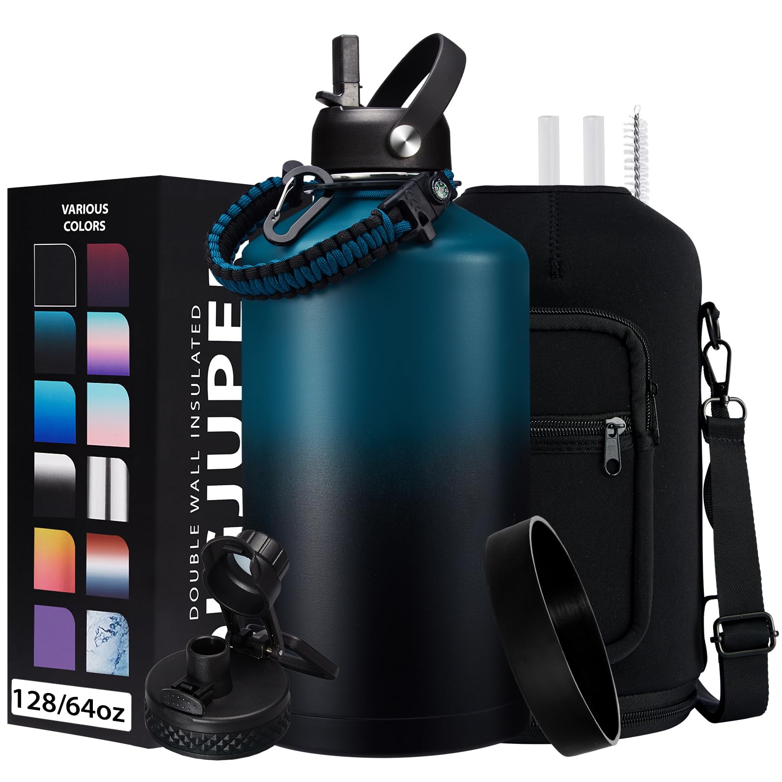 1 Gallon Water Bottle Stainless Steel - 128oz Insulated Flask Water Bottle with Sleeve Strap, Big Water Jug with Straw & Spout L